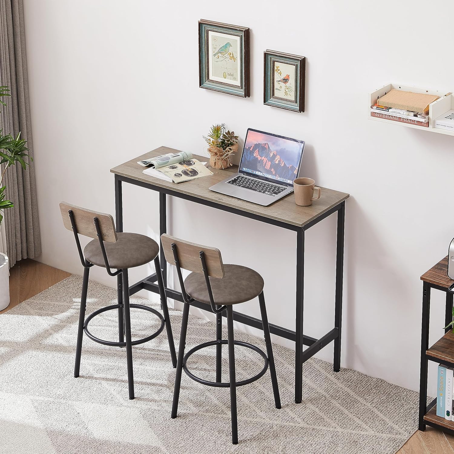 Juego con 2 taburetes de bar PU asiento suave con respaldo y reposapiés, sala de estar, comedor y espacios pequeños, fácil de montar, gris, mesa y