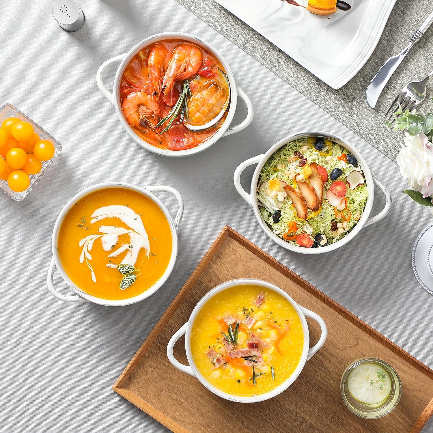 MALACASA Tazones de sopa de cebolla francesa, cuencos grandes de cerámica de 26 onzas con asas, juego de 4 tazones de sopa para servir para