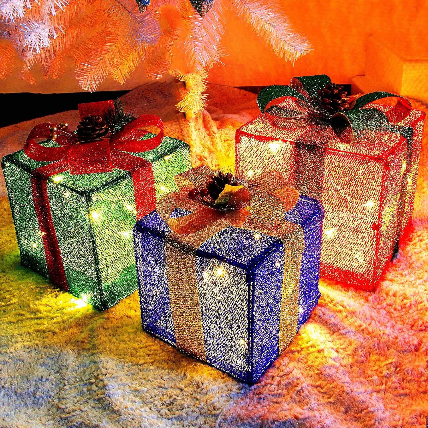 Twinkle Star Juego de 3 cajas de regalo de Navidad iluminadas, caja de regalo de oropel, 60 luces LED preiluminadas, adorno de falda de árbol,