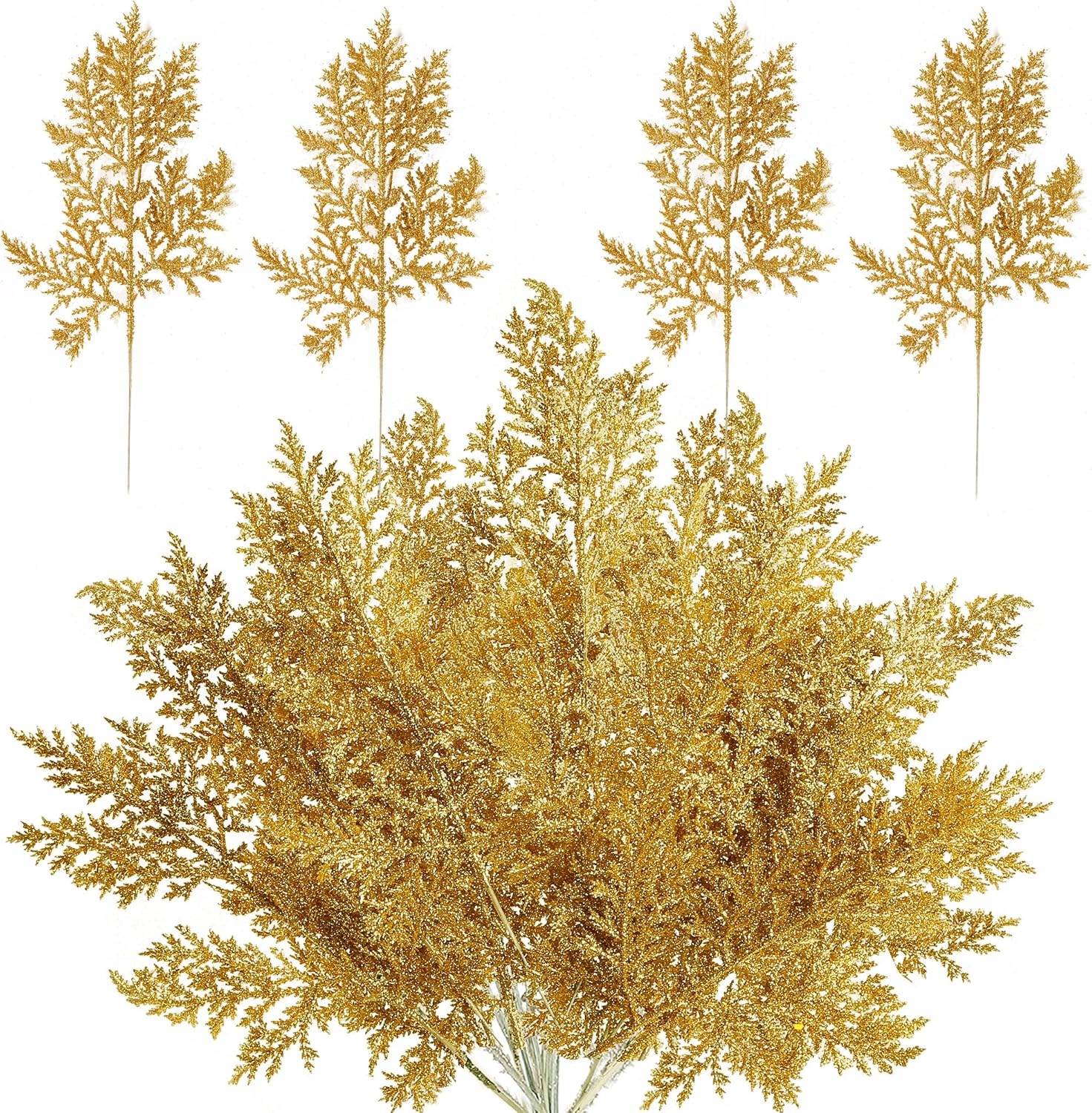 Sggvecsy Agujas de pino artificial con purpurina de Navidad, ramas de árbol de Navidad artificiales con tallo de pino, ramas de árbol de Navidad