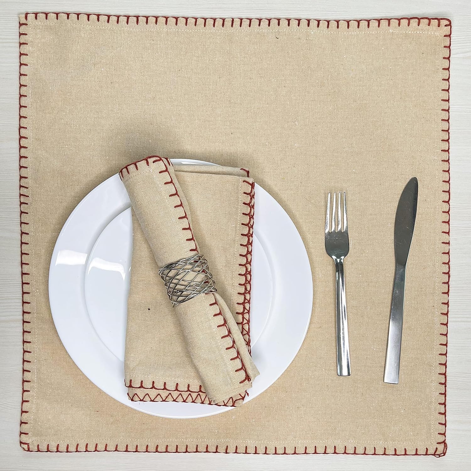 CHARDIN HOME Servilleta de cambray beige con borde de punto de látigo óxido, 18 x 18 pulgadas, juego de 6 servilletas de tela de uso diario, algodón