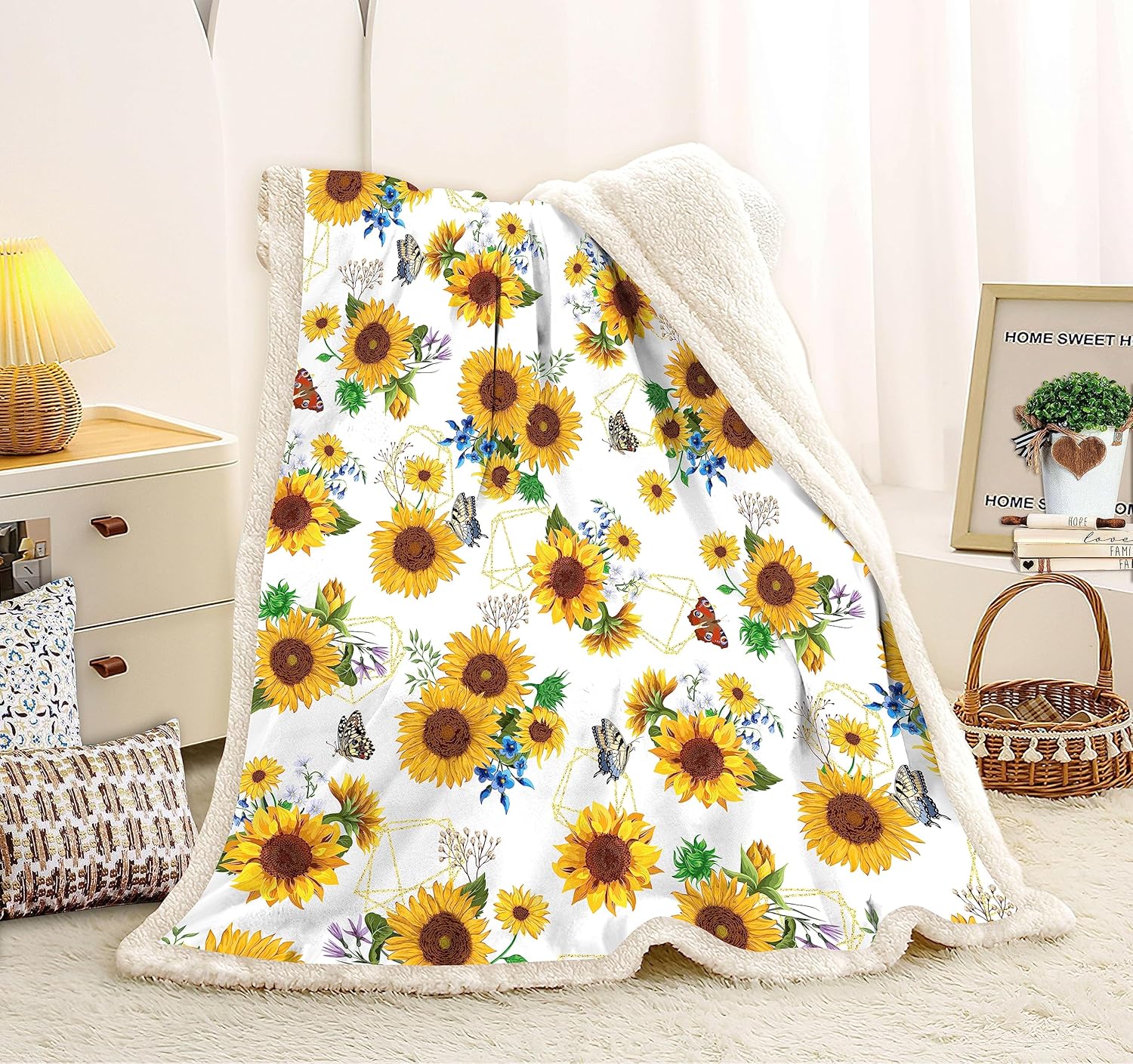 Manta de girasol, regalos de girasol para mujer, manta de regalo de girasol, decoración de ropa de cama blanca, decoración de cosas de girasol,