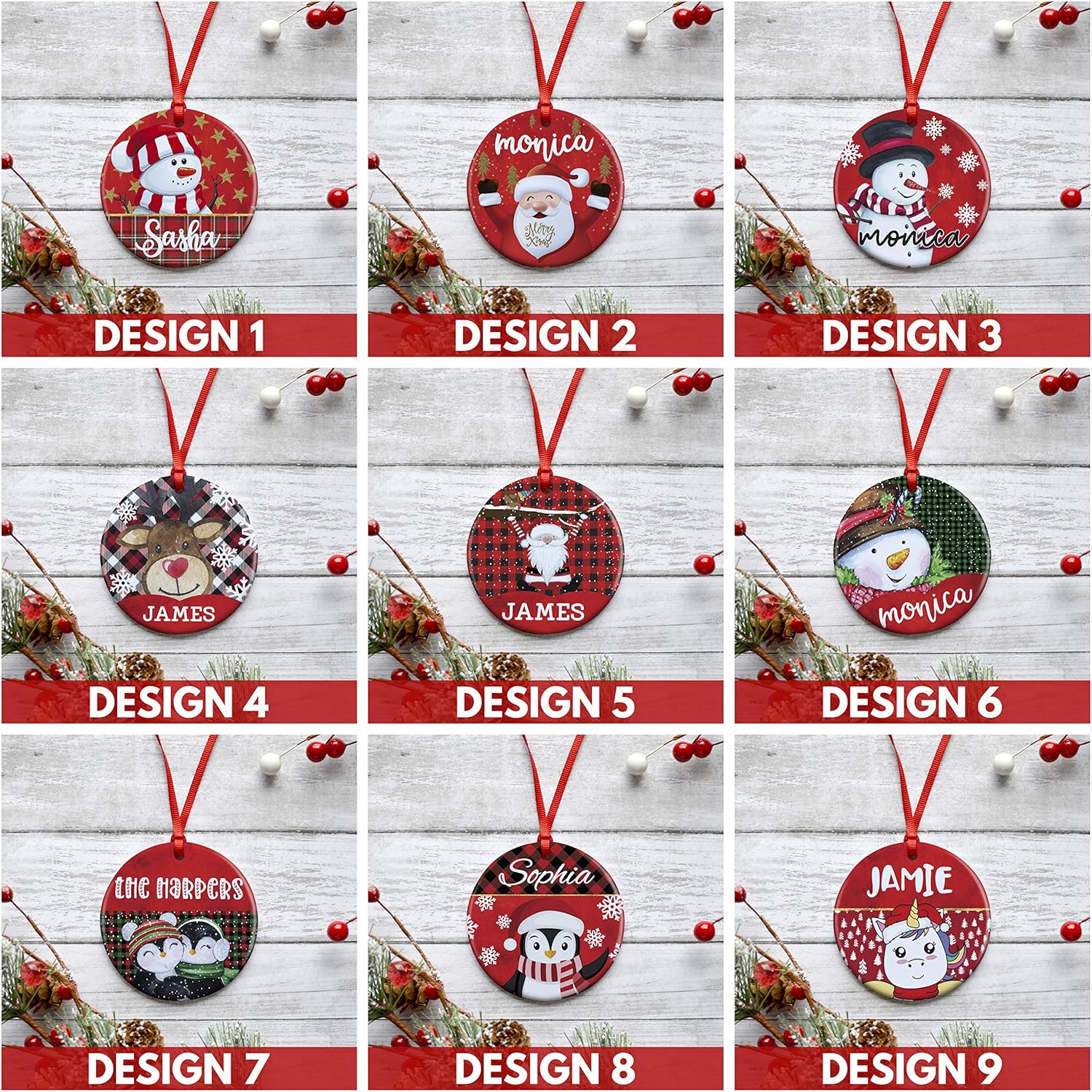 Juego de 3, adorno de Navidad personalizado con nombre, 9 diseños, 12 fuentes, cerámica personalizada de 3 pulgadas, adorno de Navidad redondo 2023
