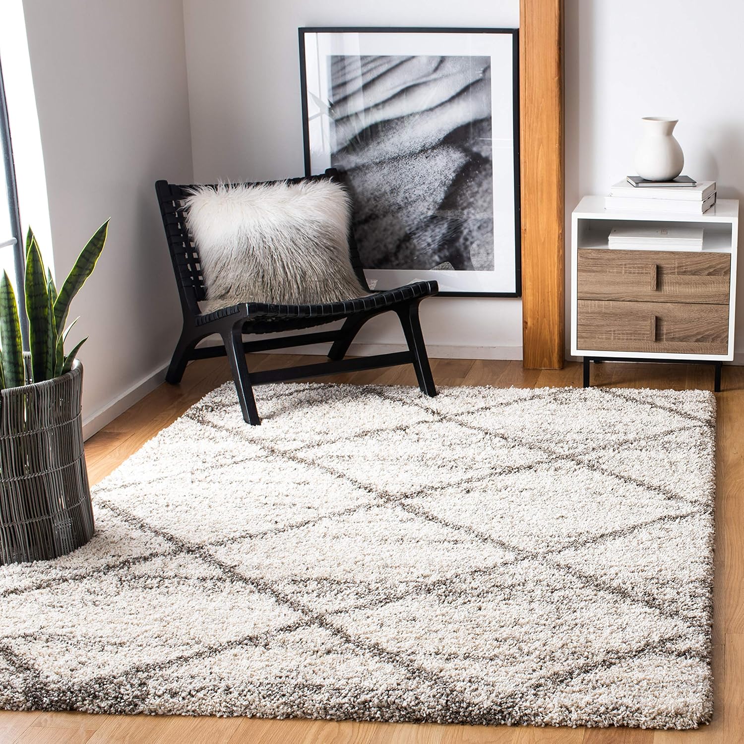 SAFAVIEH Colección Hudson Shag – Alfombra cuadrada, 8 pies, gris y beige, diseño de enrejado de diamante moderno, no desprende pelusa, 2 pulgadas de