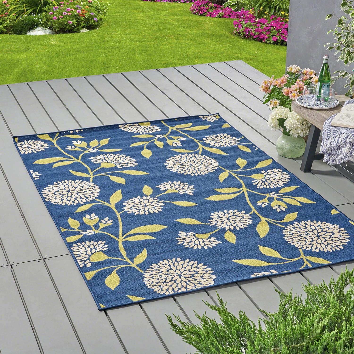 Christopher Knight Home Tilda – Alfombra floral para exteriores, 5 x 8, azulverde