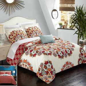 Chic Home 8 piezas Maxim Gran Escala Paisley Bohemia Reversible Impreso con detalles bordados King Bed In a Bag Juego de edredón Rojo Chic Home 8 piezas Maxim Gran Escala Paisley Bohemia Reversible Impreso con detalles bordados King Bed In a Bag Juego de edredón Rojo