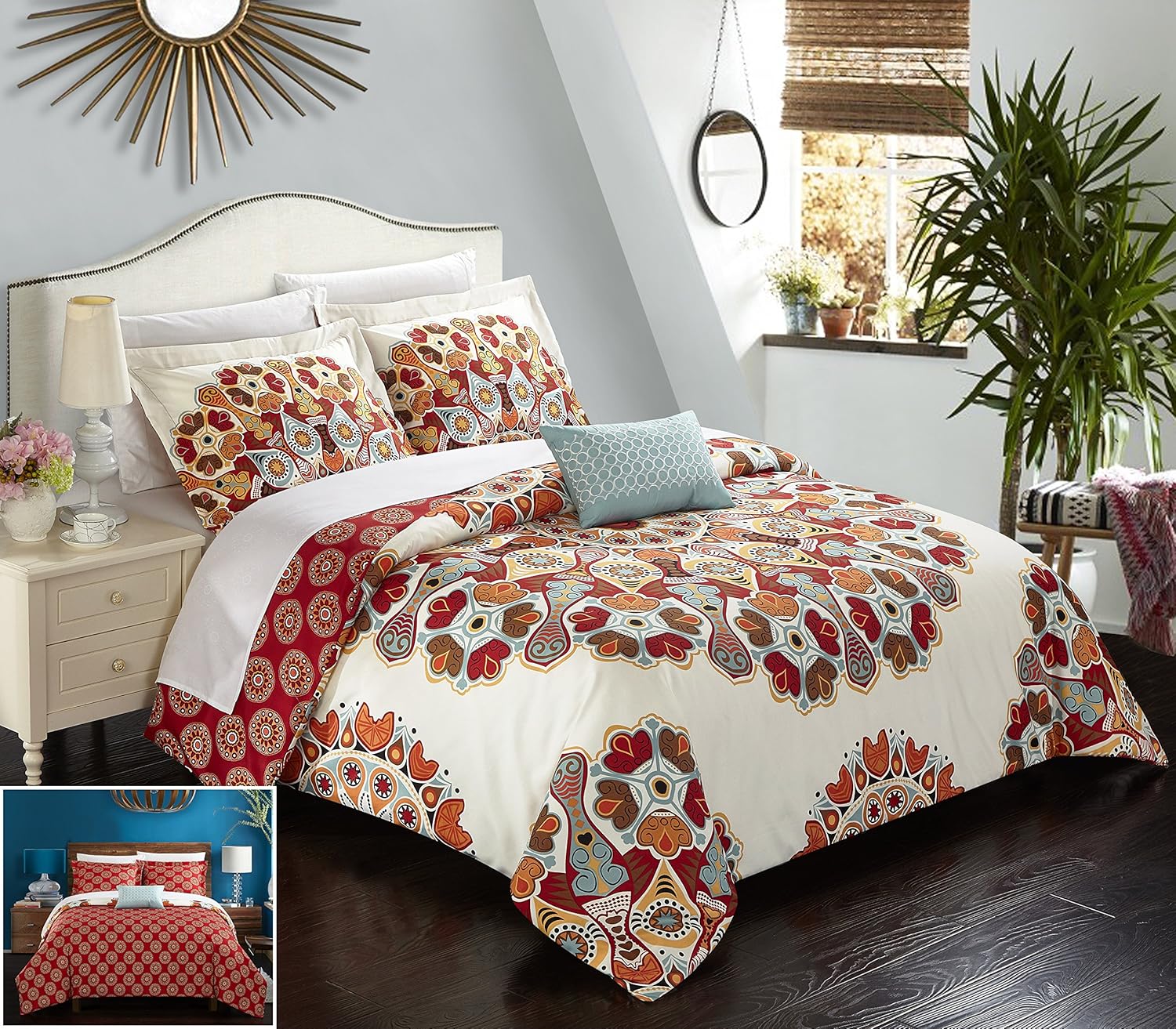 Chic Home 8 piezas Maxim Gran Escala Paisley Bohemia Reversible Impreso con detalles bordados King Bed In a Bag Juego de edredón Rojo