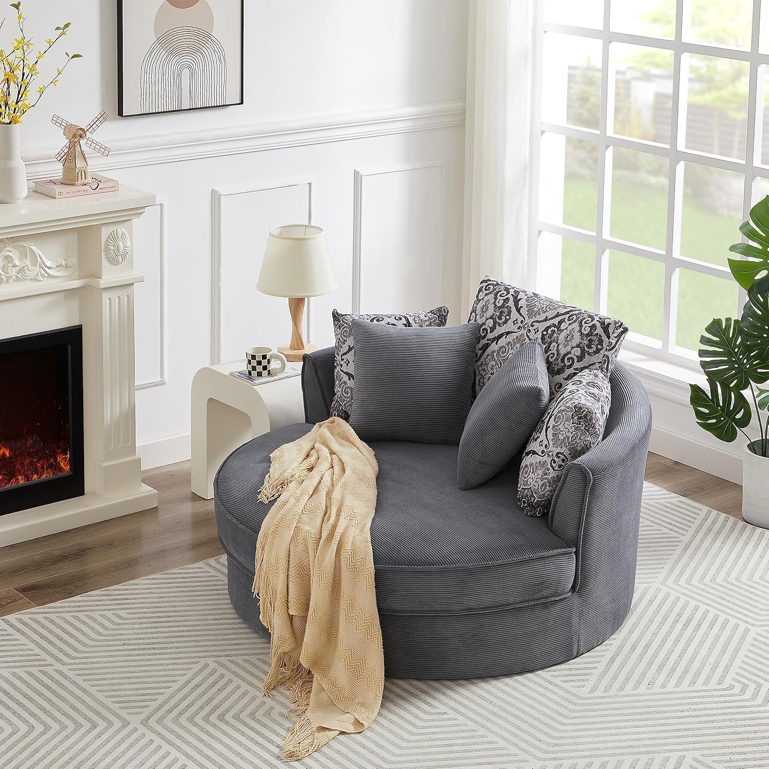 Merax, Silla redonda de 51.5 pulgadas de 51.5 pulgadas con diseño de barril giratorio de 360 grados, sofá redondo con 5 almohadas movibles, sofá