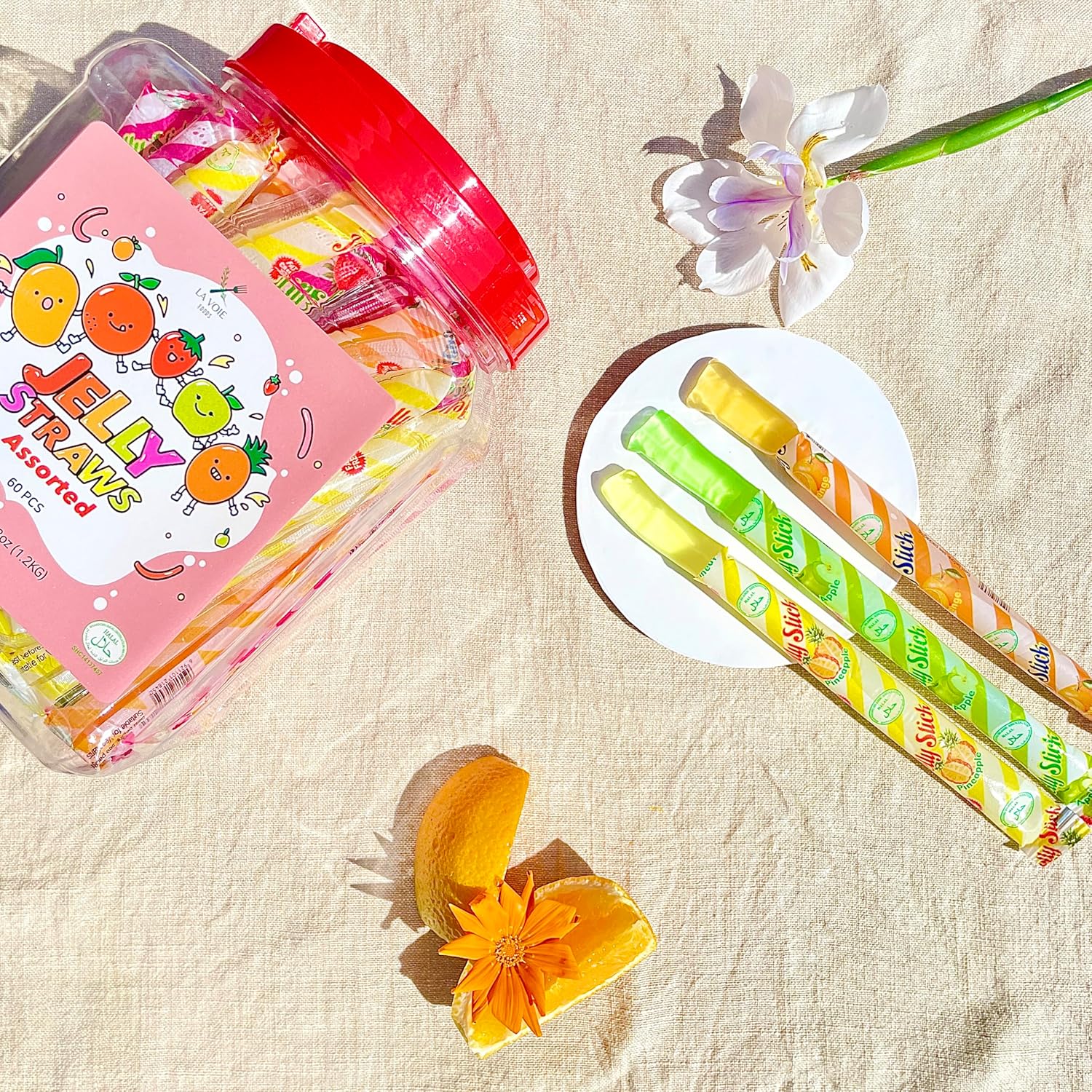 60 pajitas de gelatina de frutas, tiras rellenas de gelatina de frutas (42.3 onzas), 5 sabores surtidos de gelatina de frutas, fresa, naranja,