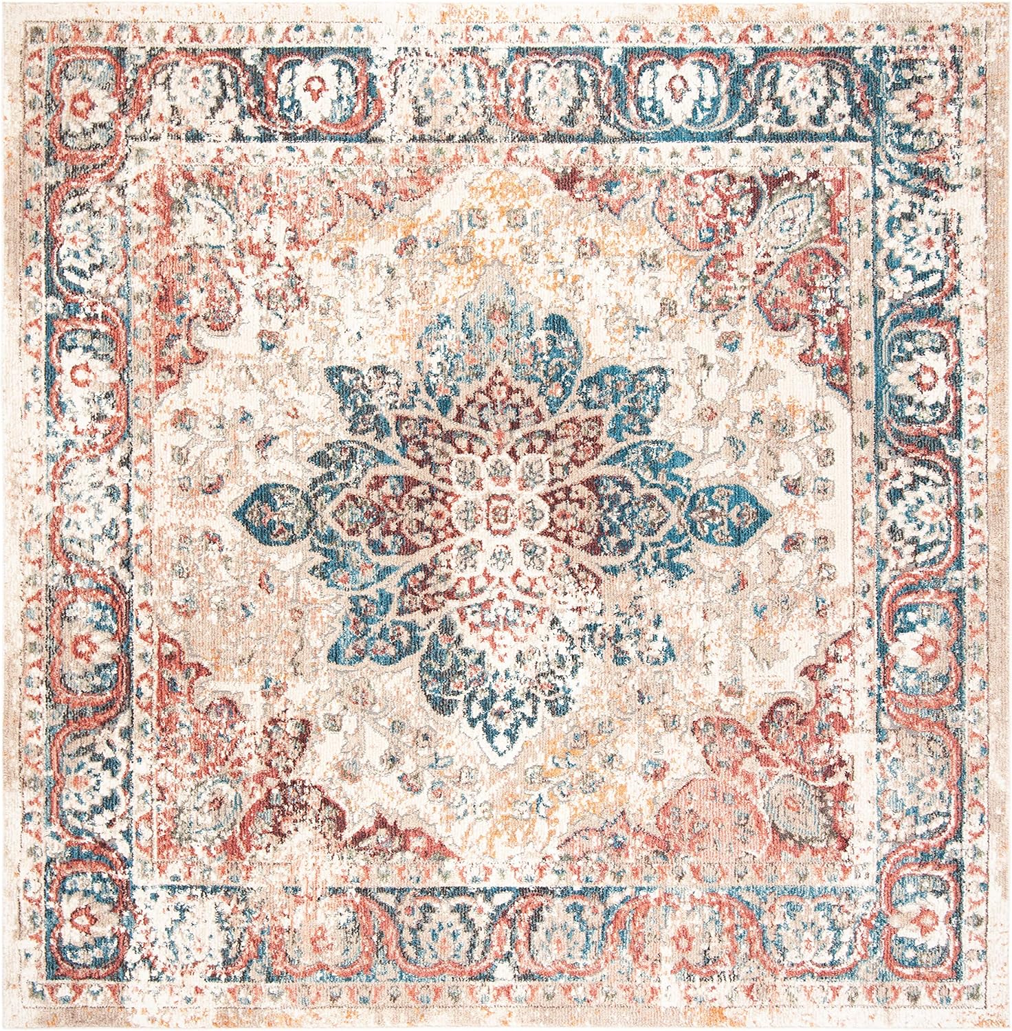 SAFAVIEH Carlyle Collection – Alfombra cuadrada de 6 pies 7 pulgadas, color marfil y borgoña, diseño oriental envejecido, no desprende pelusa y de