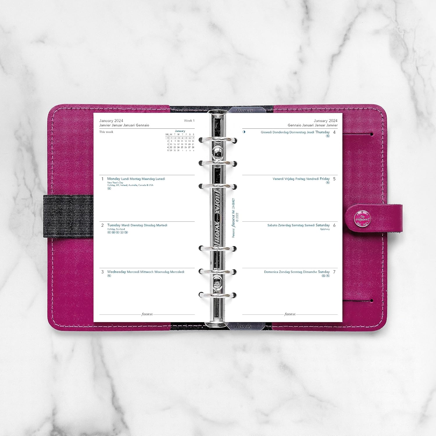 Filofax Recambio de diario de calendario, tamaño personalcompacto, semana a vista, libro blanco, sin rayas, multilingüe cinco idiomas, 2024