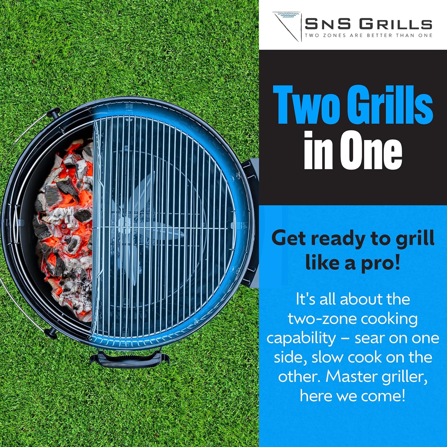 SnS Grills Slow ‘N Sear – Parrilla de hervidor con inserto de lujo y rejilla de fácil giro para cocinar a la parrilla de carbón de dos zonas, ahumar