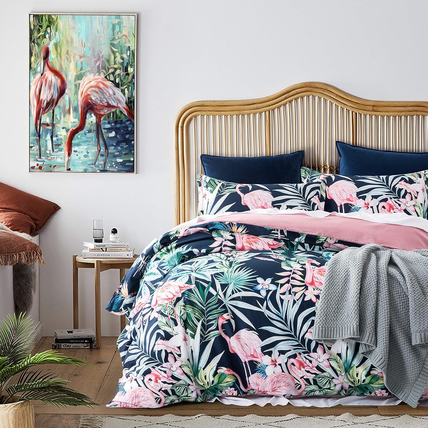 Eikei Juego de funda de edredón y fundas de almohada con hojas de palma, exóticas tropicales, islas, árboles, ramas, paraíso y pájaros, plantas de