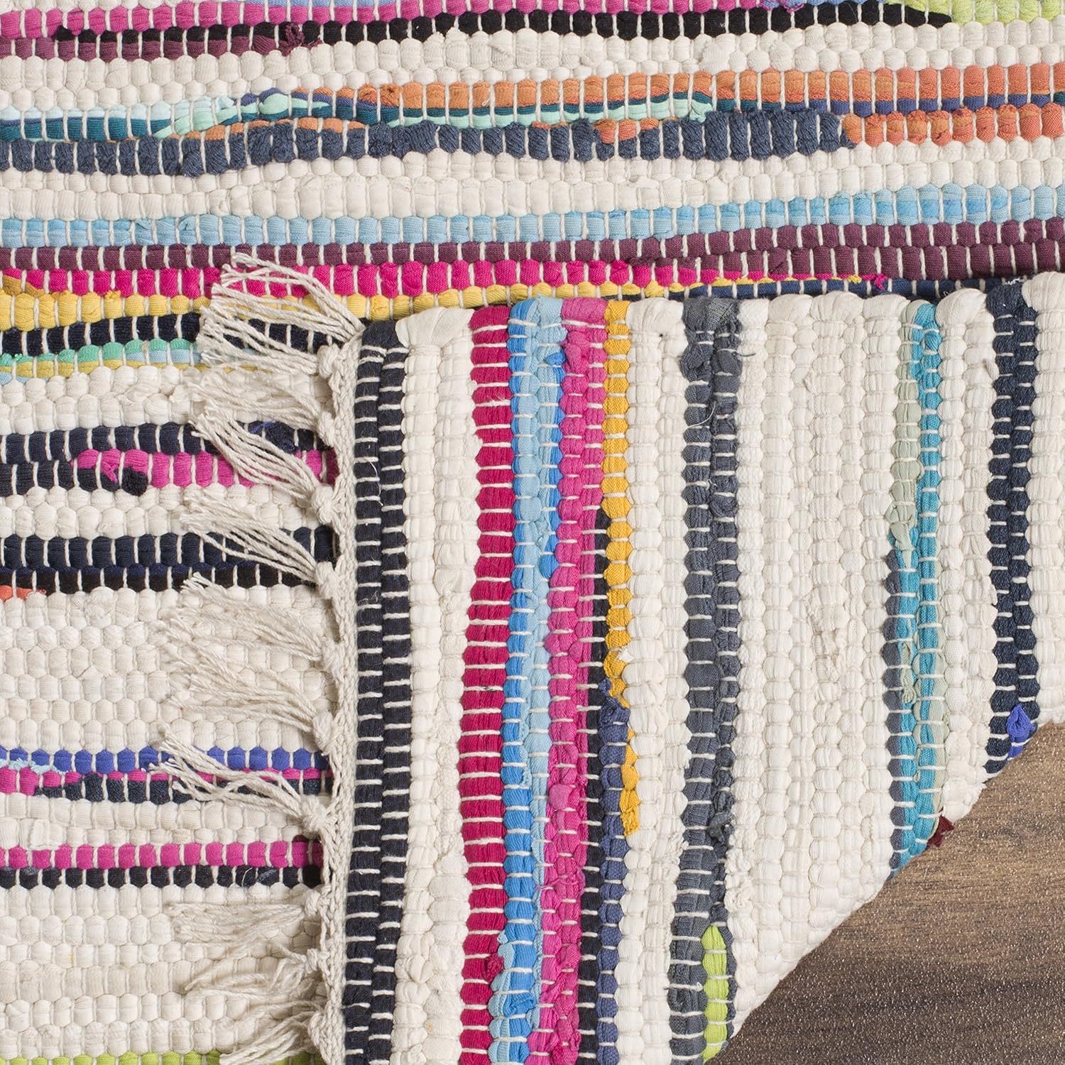 SAFAVIEH Rag Rug Collection – Alfombra de área de 5 x 8 pies, color marfil y multicolor, hecha a mano, de algodón a rayas, ideal para zonas de alto
