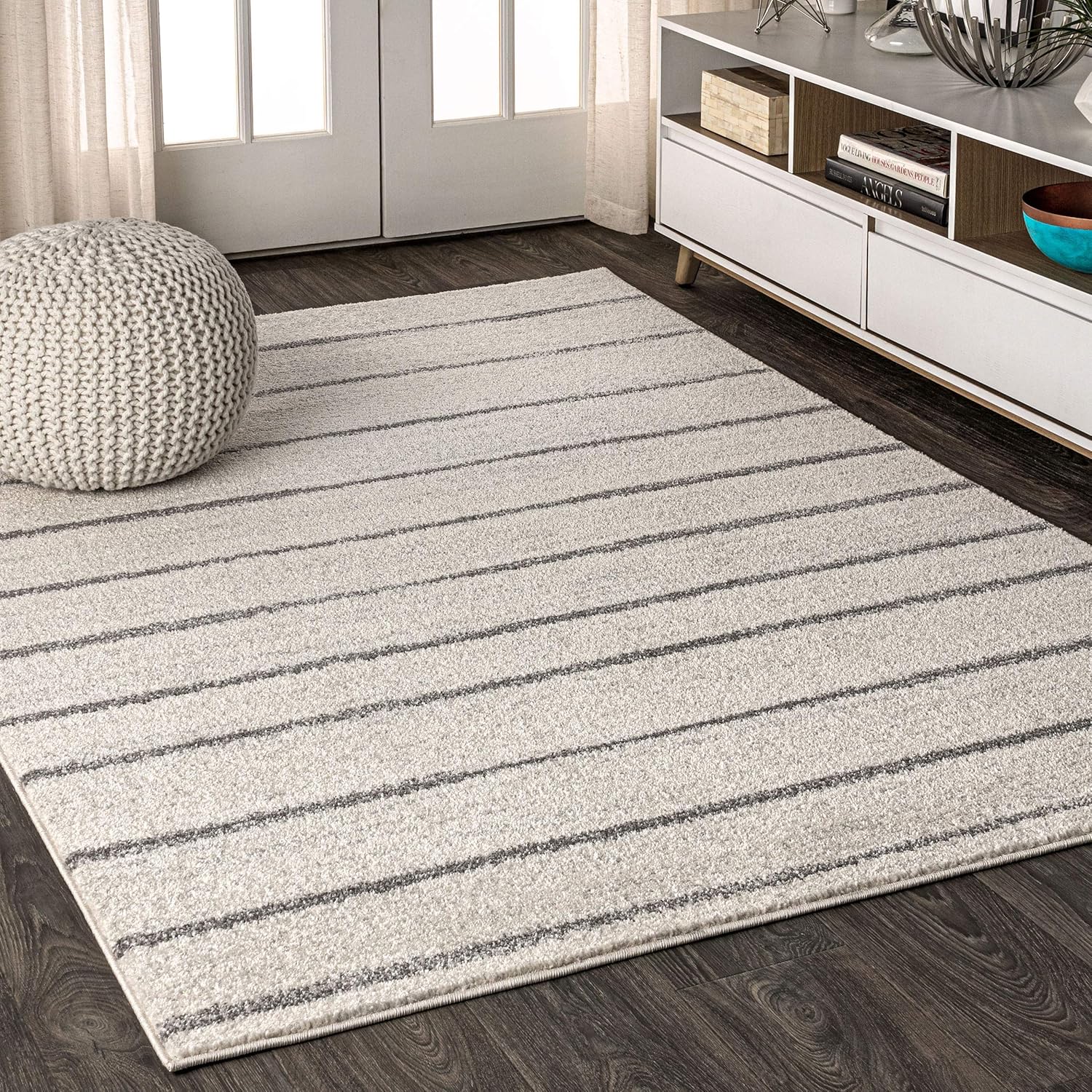 JONATHAN Y MOH201A-4 Williamsburg – Alfombra minimalista a rayas para interiores, estilo granja, bohemio, minimalista, fácil de limpiar, para