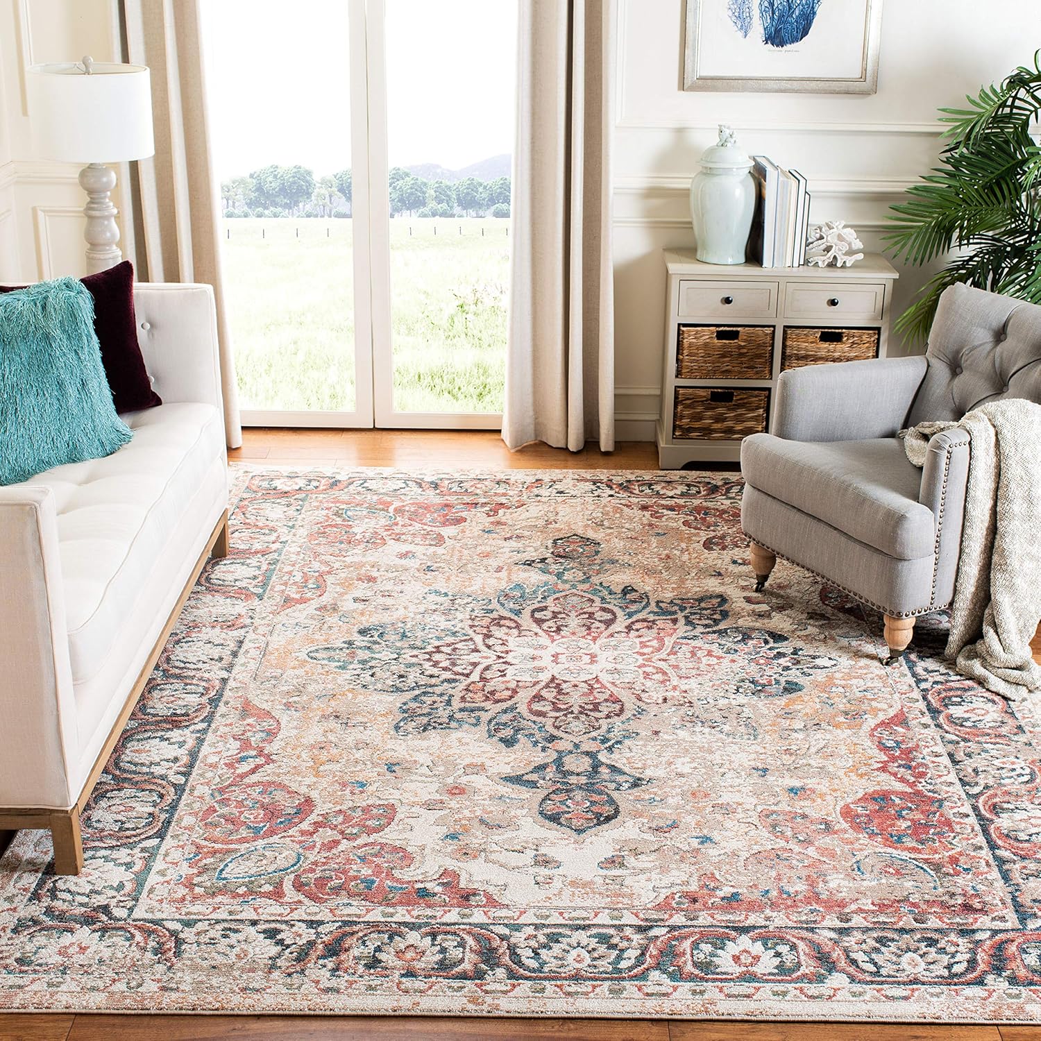 SAFAVIEH Carlyle Collection – Alfombra cuadrada de 6 pies 7 pulgadas, color marfil y borgoña, diseño oriental envejecido, no desprende pelusa y de