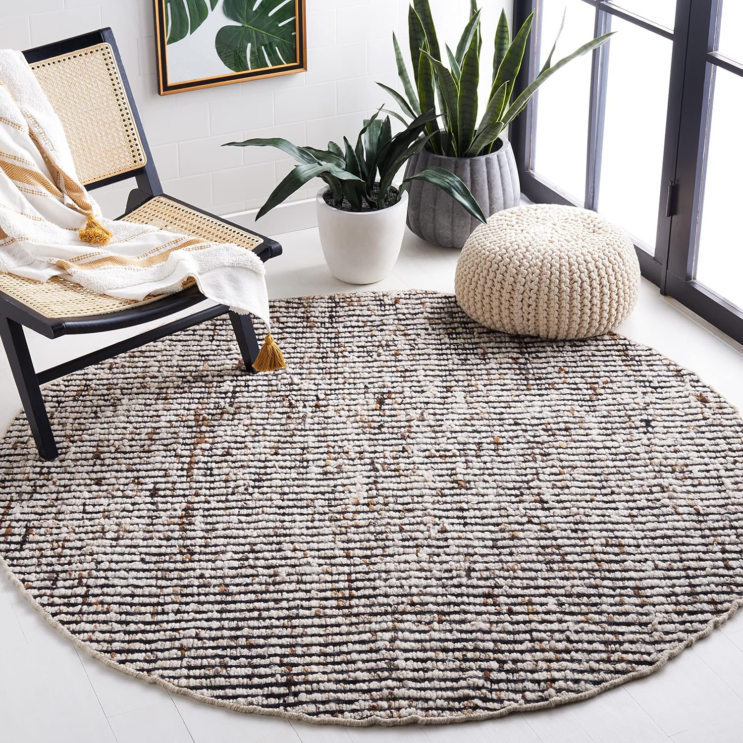 SAFAVIEH Natura Collection – Alfombra redonda de 6 pies, color negro y marfil, hecha a mano de lana y yute, ideal para zonas de alto tráfico en sala