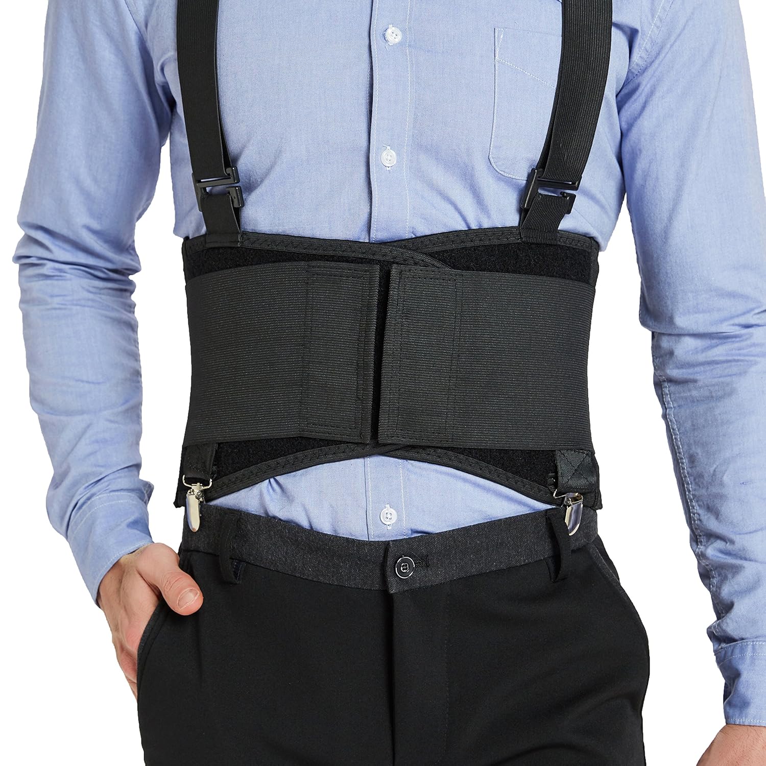 NeoTech Care Soporte lumbar con clips extraíbles para pantalones y tirantes desmontables, cinturón de apoyo para la espalda, ajustable, ligero,