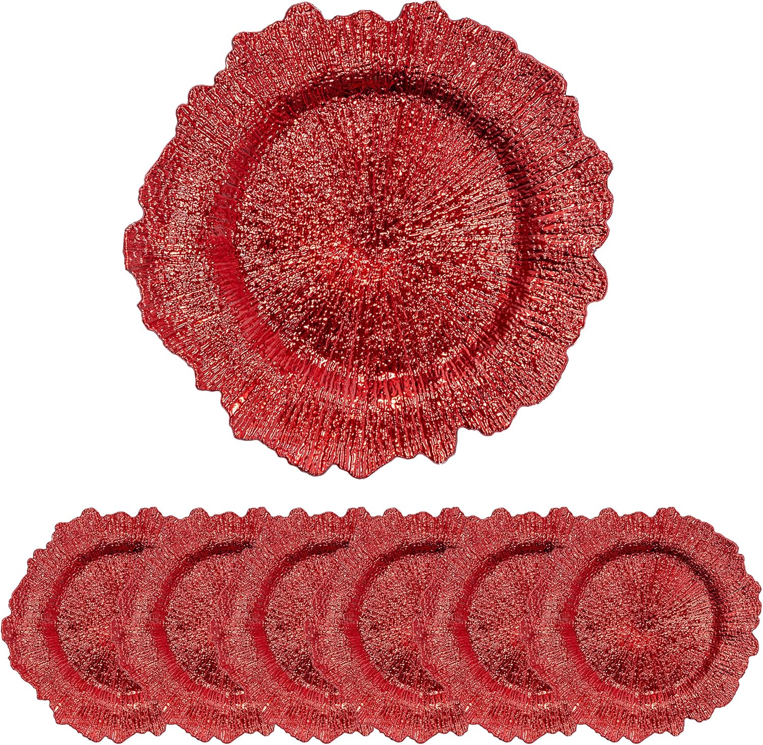 Juego de 6 platos rojos redondos de 13 pulgadas, cargadores de arrecife de plástico para platos de cena, suministros de boda para todas las