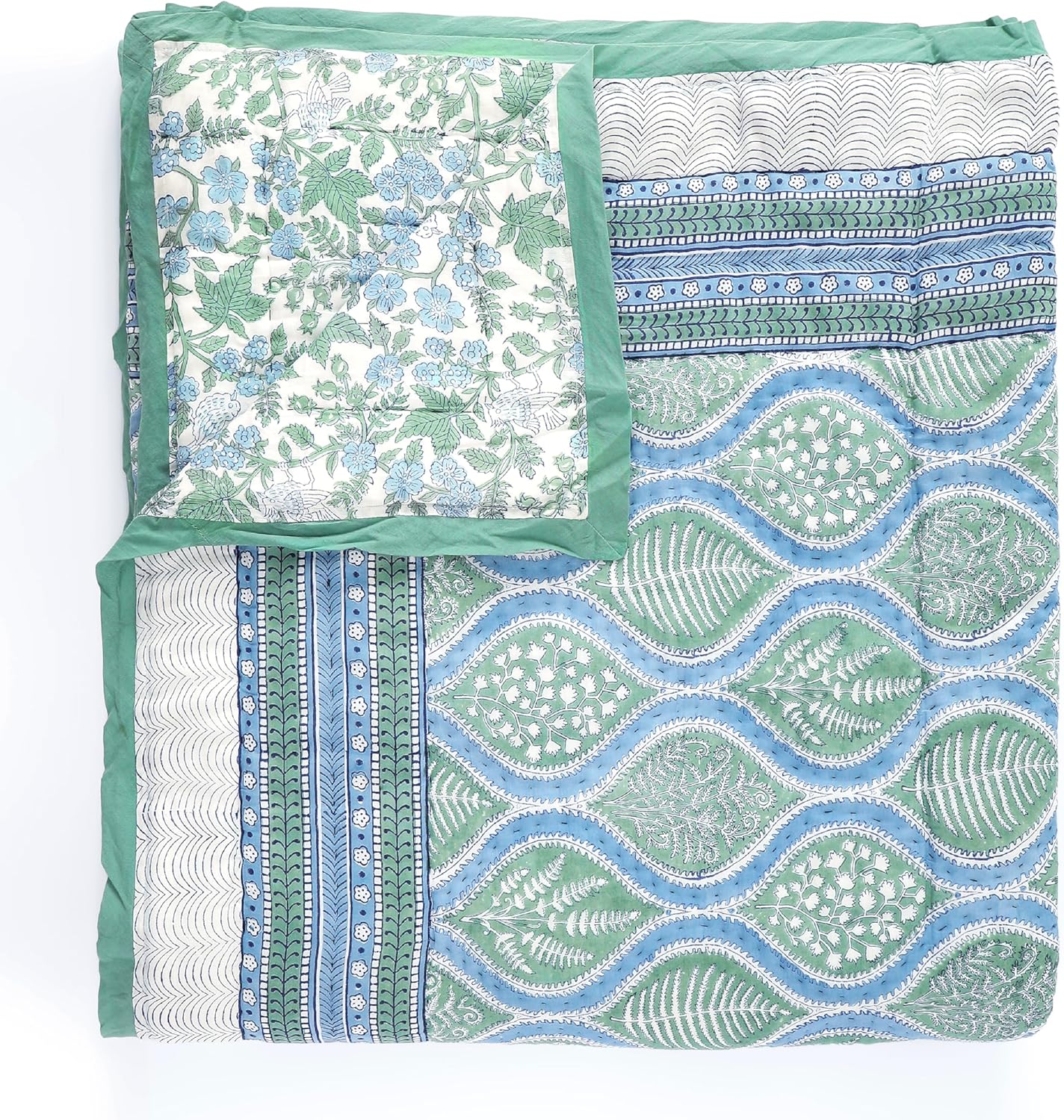 Saffron Marigold Manta reversible azul acolchada, tamaño King, hecha a mano con estampado de helechos del bosque, de algodón, de gasa Jaipuri Razai,