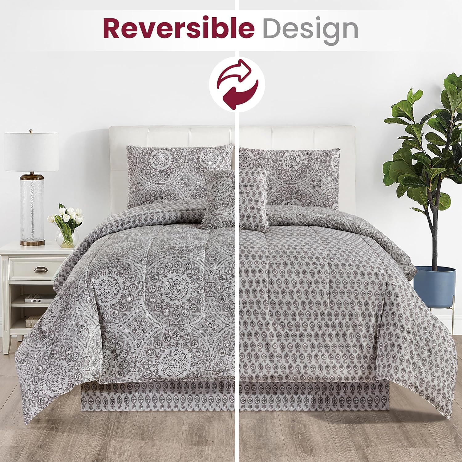 Juego de edredón de 5 piezas tamaño Queen  Reversible estampado azteca gris  Juego de ropa de cama para todas las estaciones, edredón acolchado