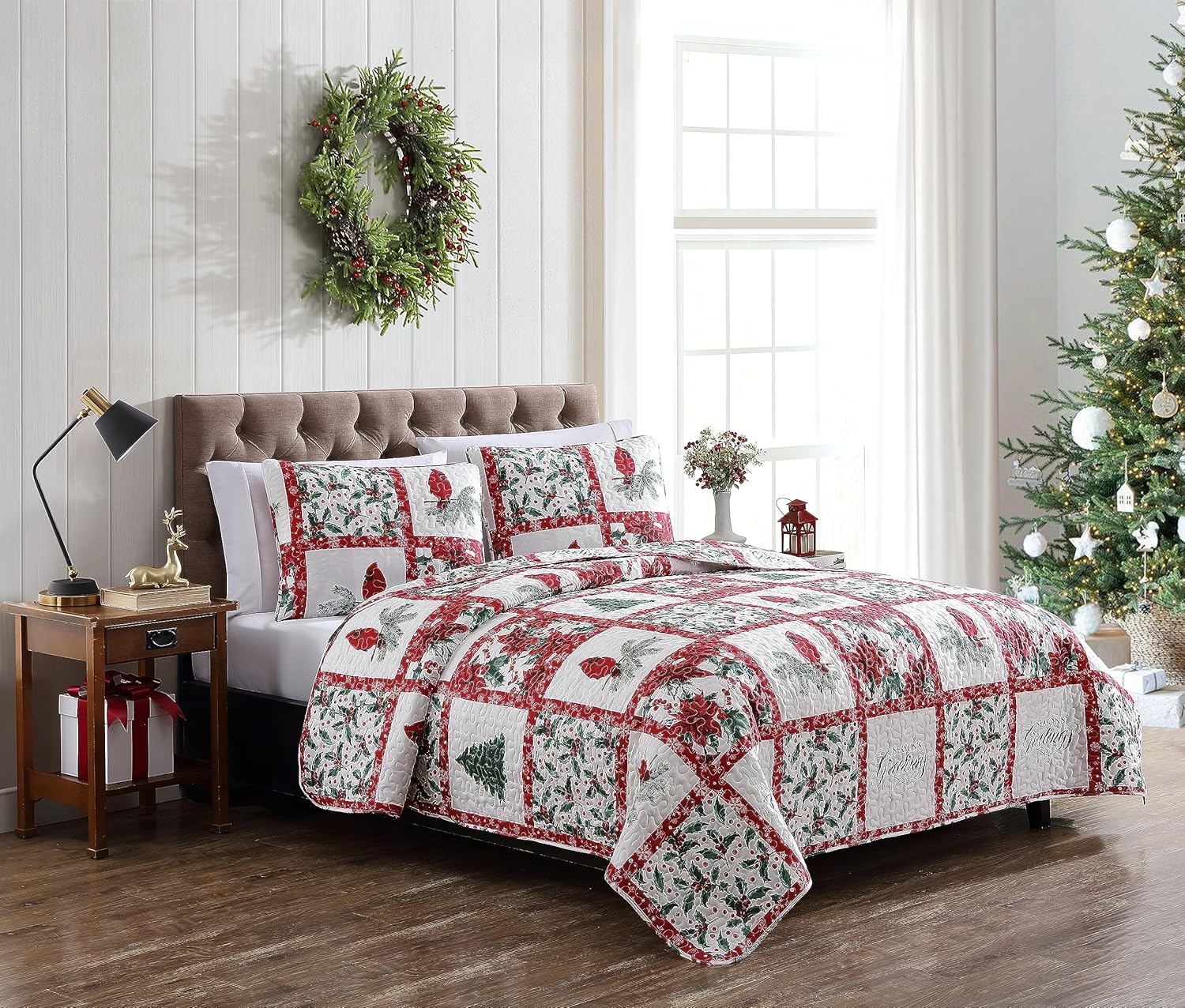 Beatrice Home Fashions Juego de ropa de cama ligera para cama individual, diseño de muérdago, acebo, flor de pascua, rojo, verde, blanco