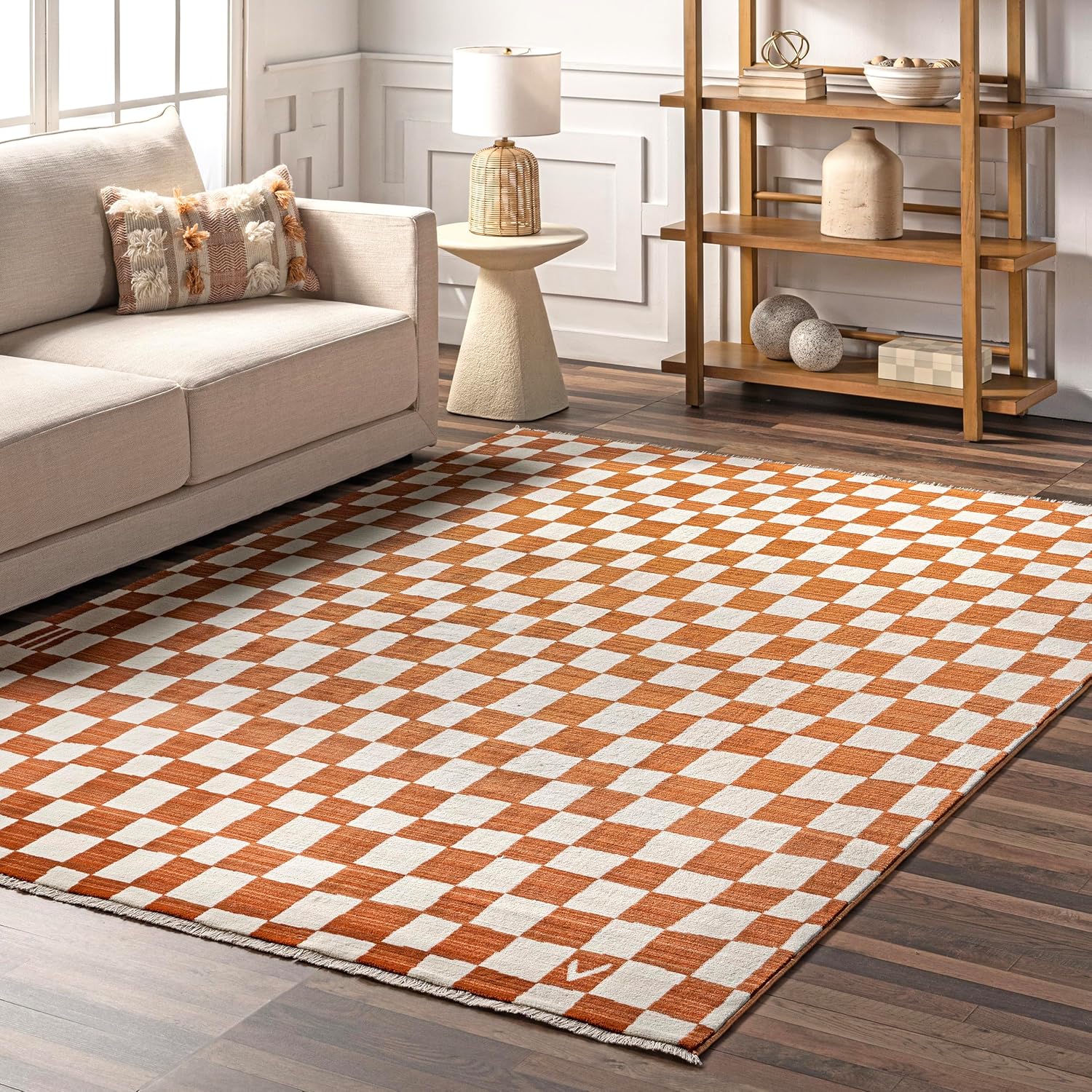 nuLOOM Dominique – Alfombra abstracta con flecos a cuadros, 6 pies 7 pulgadas x 10 pies 2 pulgadas, naranja