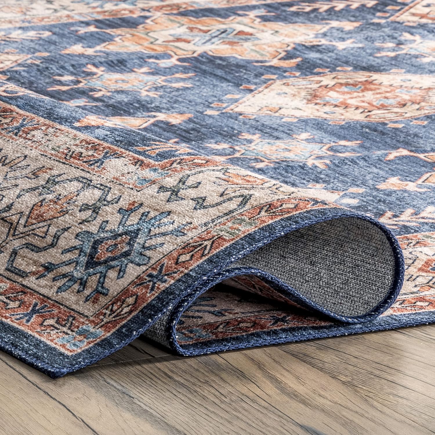 nuLOOM Finley – Alfombra de área ultra fina, lavable a máquina, estilo vintage, envejecida, 8 x 10 pies, azul marino