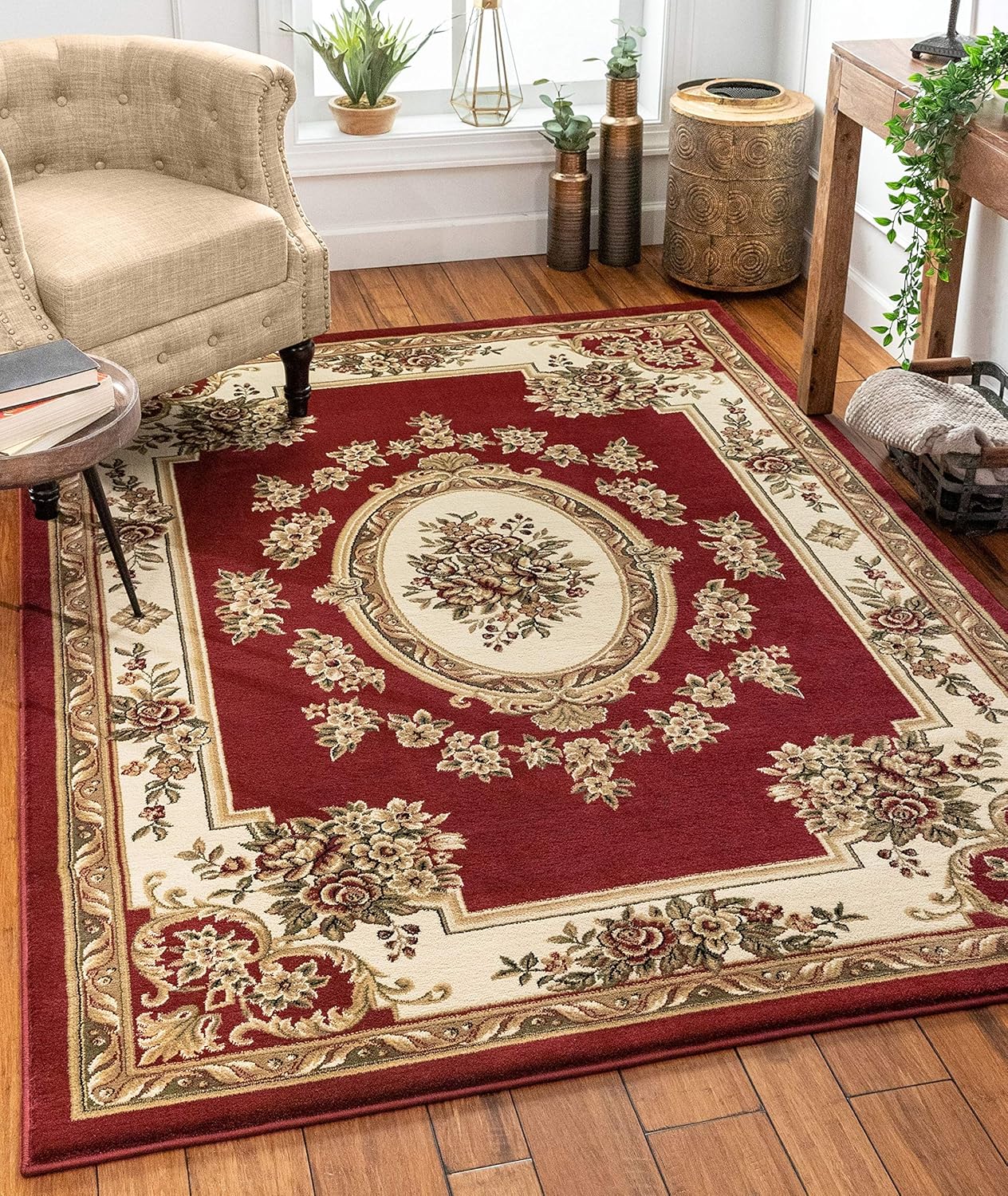 Alfombra de pastoral con medallón de tejido suave y grueso, estilo europeo, con diseño floral y tradicional, fácil de limpiar, moderna, clásica,