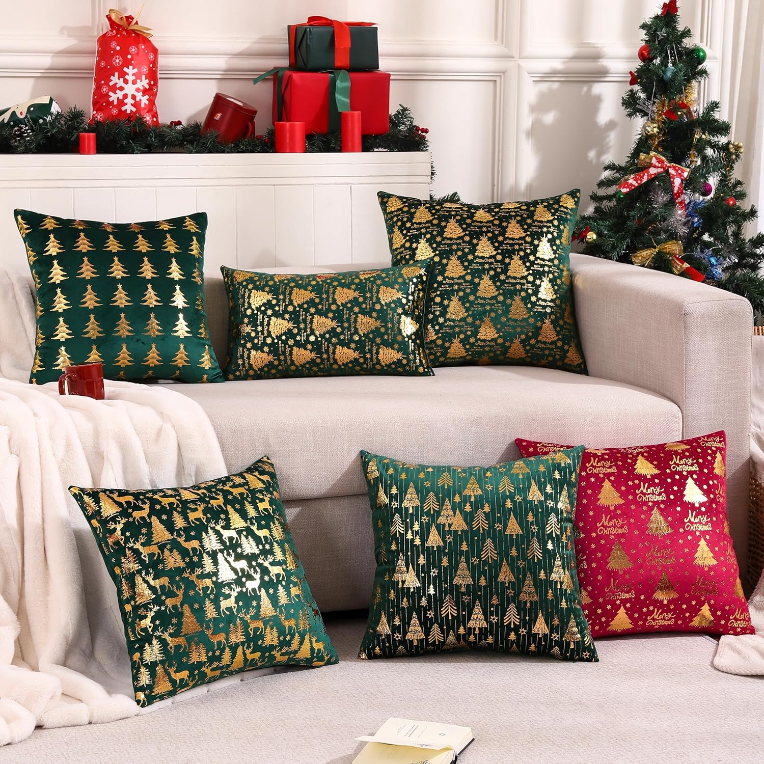Juego de 2 fundas de almohada de Navidad de 12 x 20 pulgadas, juego de 2 fundas de almohada de terciopelo verde de Navidad, decoraciones de fiesta
