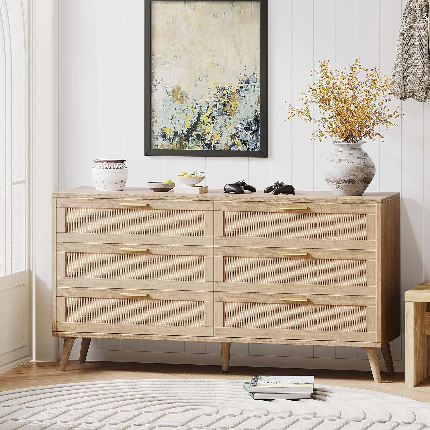 Rovaurx Cómoda doble de 6 cajones para dormitorio, cómoda de ratán, cómoda de madera moderna con asas doradas, mesa auxiliar para armario, sala de