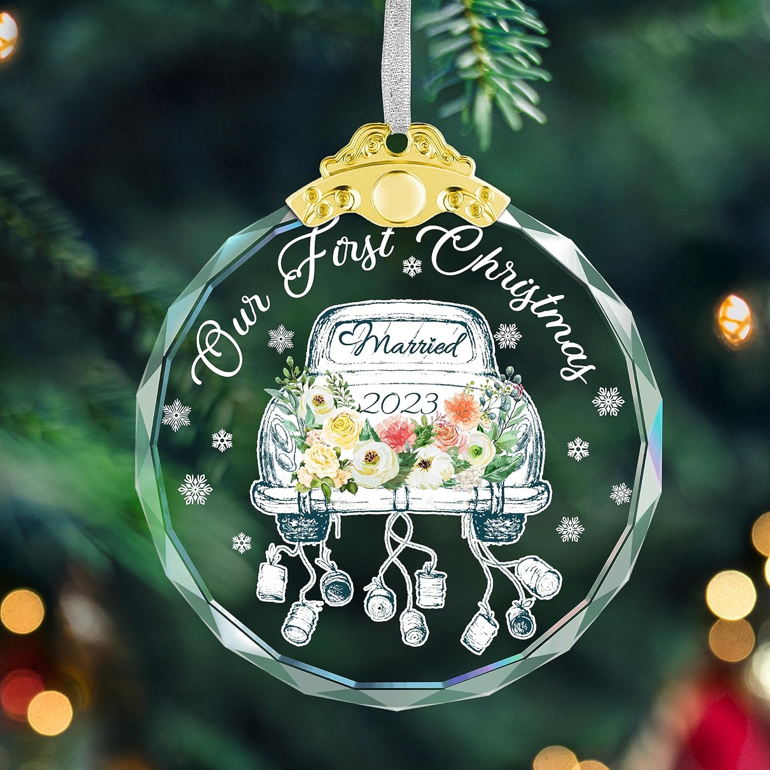 Adorno de matrimonio con texto en inglés Our First Christmas Married Ornament 2023, regalos de boda para parejas, decoraciones de despedida de