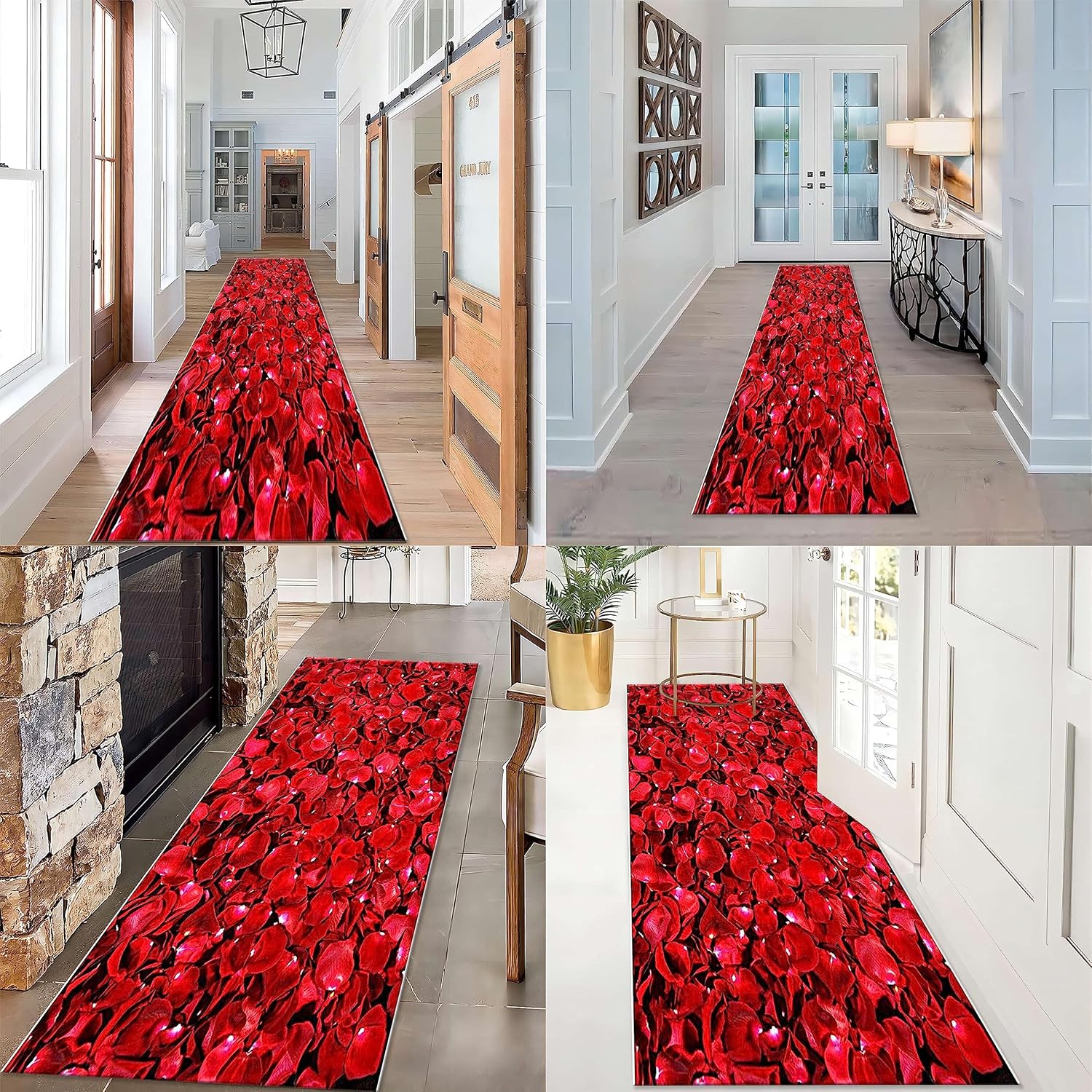 Alfombra de pasillo con diseño floral de rosas, de 1.3 x 7 pies, romántica con estampado de rosas rojas, alfombras de pasillo de gran área con
