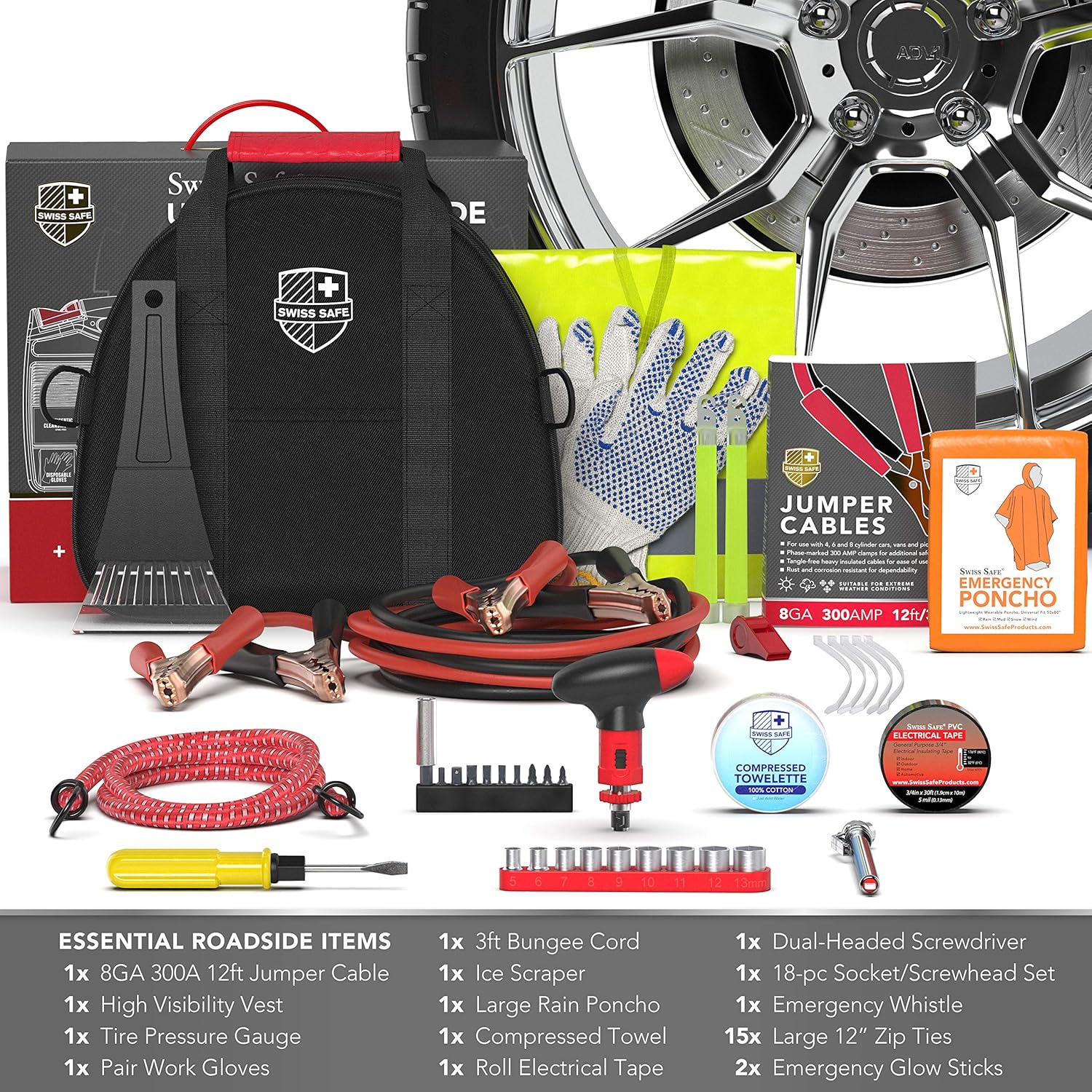 Swiss Safe Kit de emergencia 2 en 1 para vehículos  Kit de herramientas de seguridad compacto y portátil con bolsa de viaje + kit de primeros