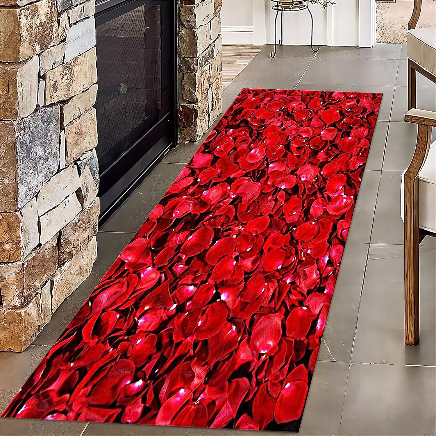 Alfombra de pasillo con diseño floral de rosas, de 1.3 x 7 pies, romántica con estampado de rosas rojas, alfombras de pasillo de gran área con