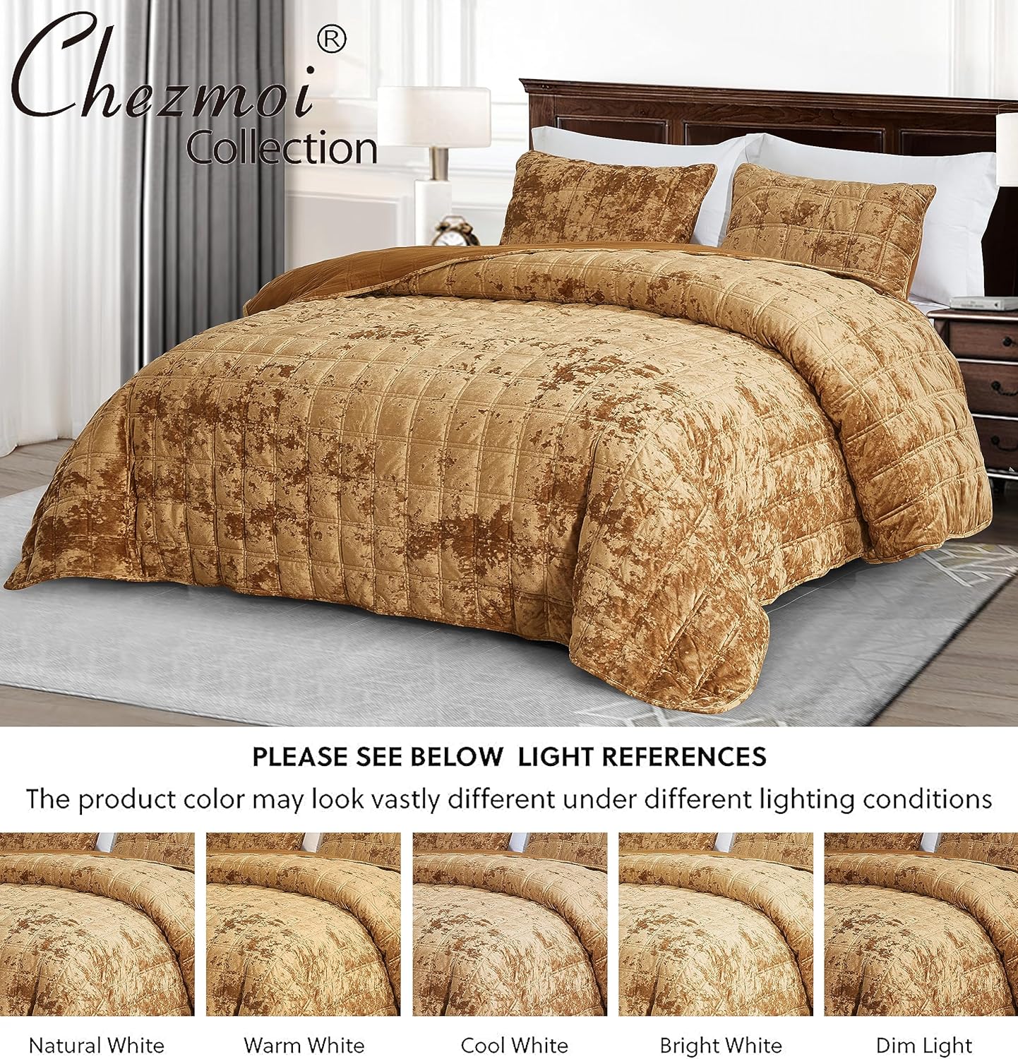 Chezmoi Collection Piers – Juego de edredón de terciopelo dorado caramelo, 3 piezas, ropa de cama de terciopelo envejecido de felpa exuberante para