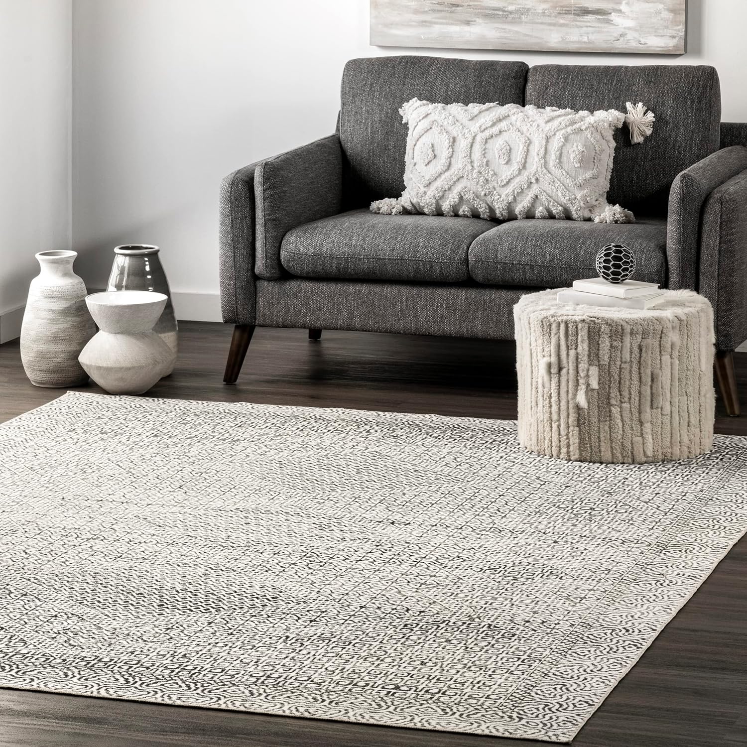 nuLOOM Abstracto Tribal Alfombra decorativa lavable a máquina, 2 x 3 pies, gris, rectangular, 0.1 pulgadas de grosor