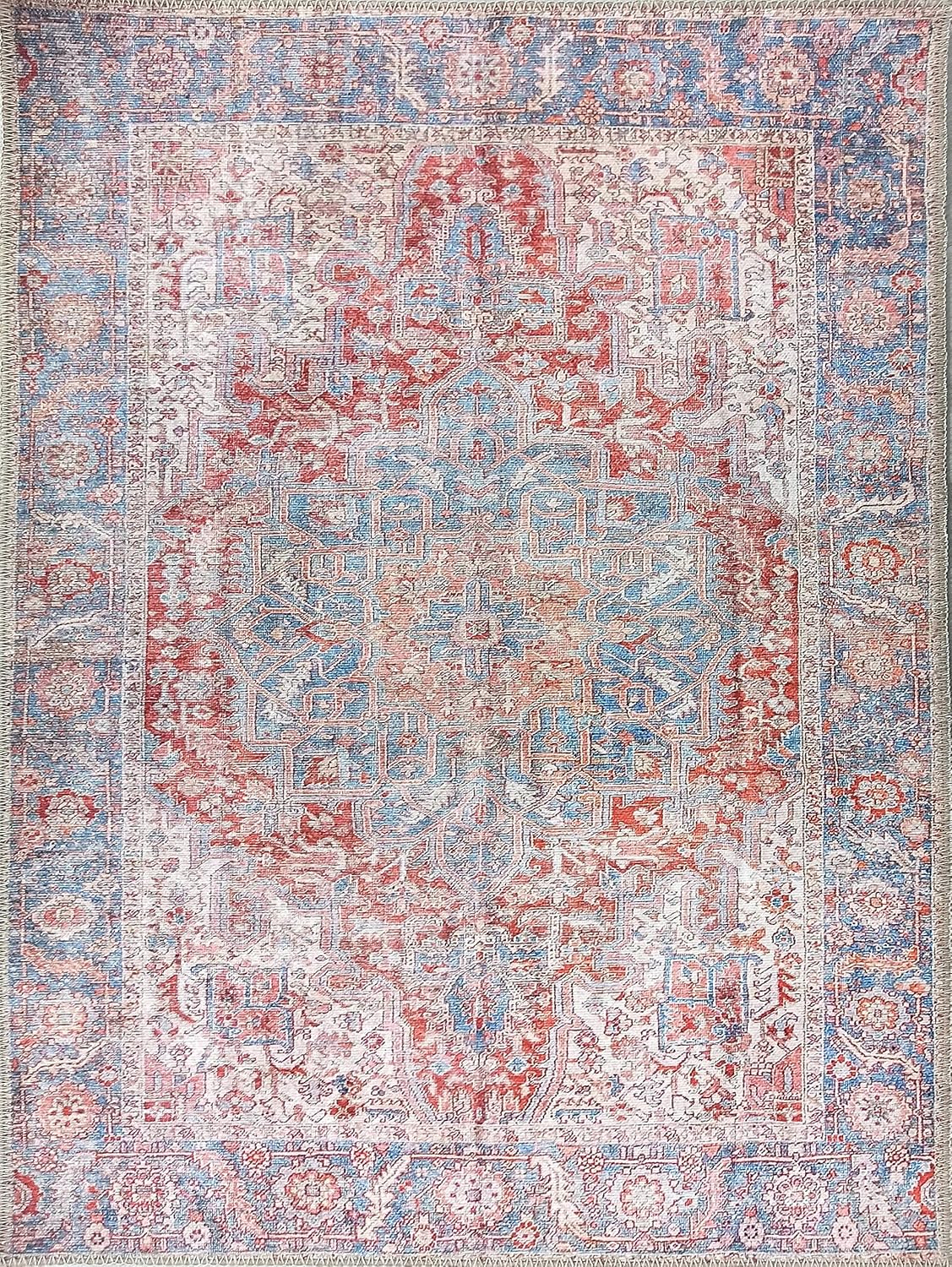 Fame Rugs Alfombras bohemias vintage para sala de estar, dormitorio, terracota, rojo, beige, azul cielo, 2 x 3 pies