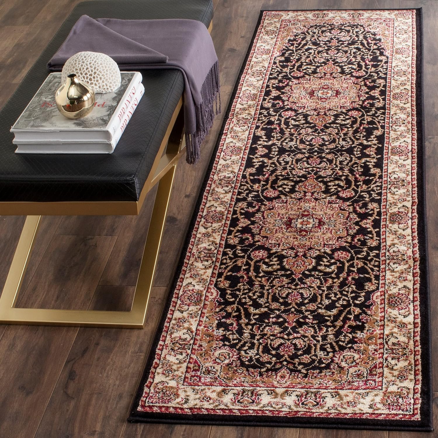 Safavieh colección Lyndhurst LNH329A, tapete tradicional alargado Medallion color negro y marfil, de 2’3″ x 12′., Polipropileno, NegroMarfil