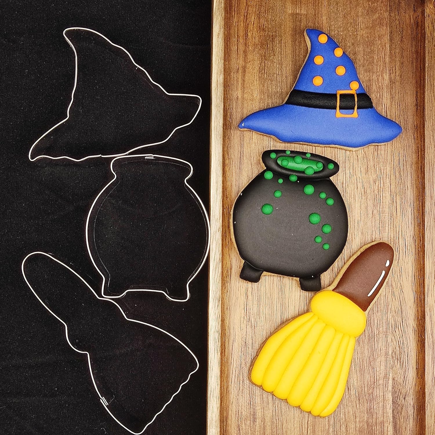 Juego de cortadores de galletas de Halloween, 3 piezas de cortador de galletas de acero inoxidable, moldes para hornear, olla de bruja, sombrero de