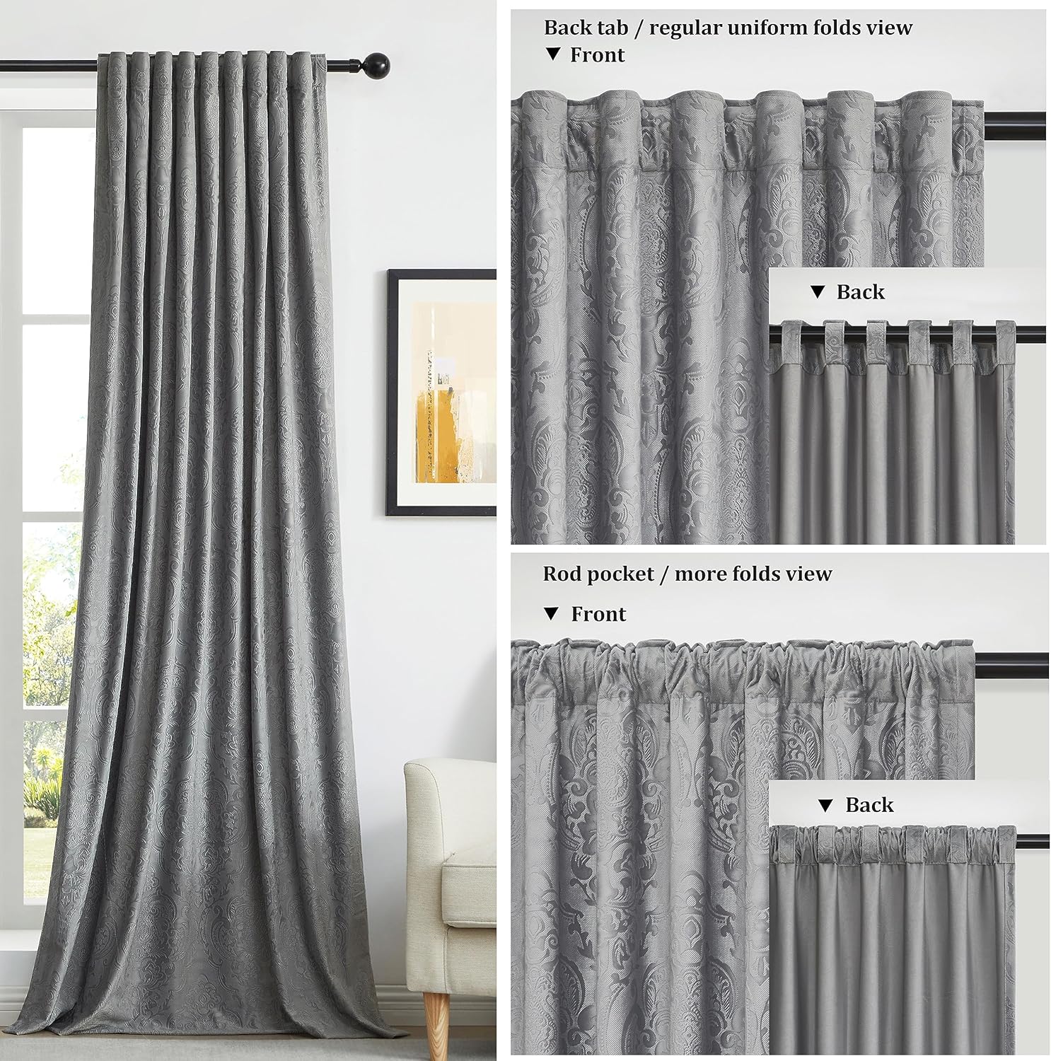 GIGIZAZA Cortinas de terciopelo gris de 96 pulgadas de largo para sala de estar, 2 paneles de cortinas bohemias de lujo con estampado de flores en