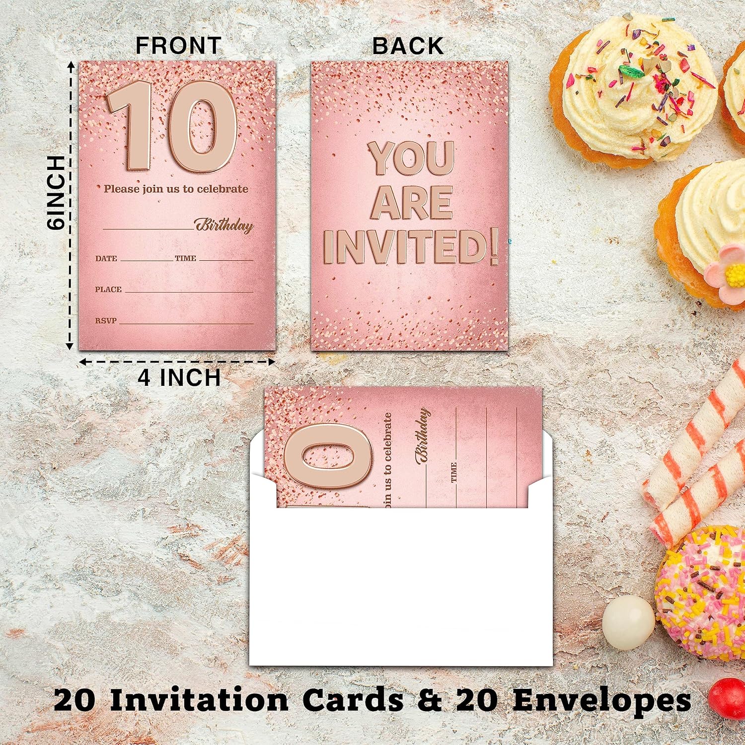 Invitaciones de cumpleaños número 10 para niños, tarjetas de invitación de fiesta de cumpleaños de oro rosa, suministros de decoración de fiesta de