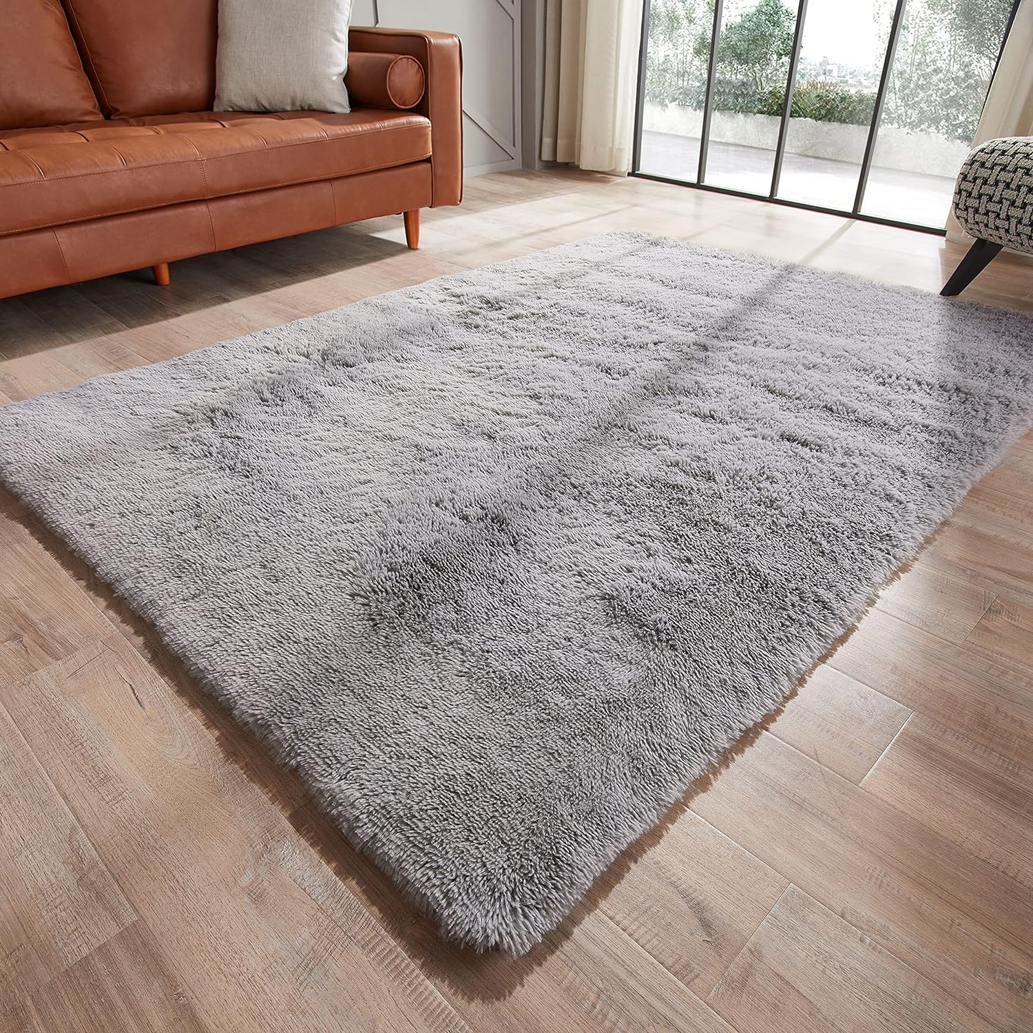 Alfombra ultra suave acolchada para área, de 5×7 pies, de color gris claro, alfombras de felpa, peludas, antideslizantes,de piel sintética, para