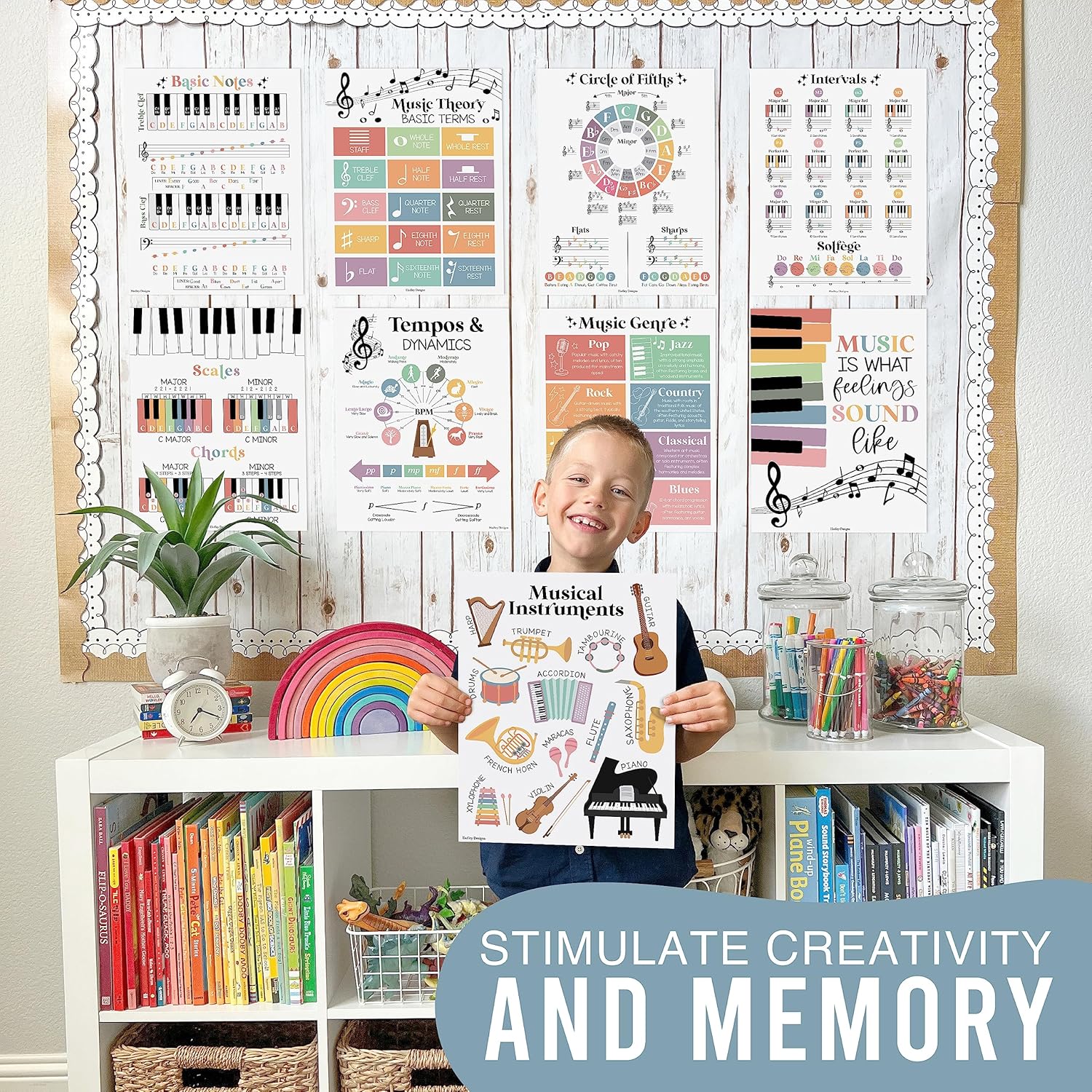Hadley Designs 9 pósteres de música para aulas  Decoración de aula de música pastel boho, impresiones de coro y solfeo, decoraciones de tablón de