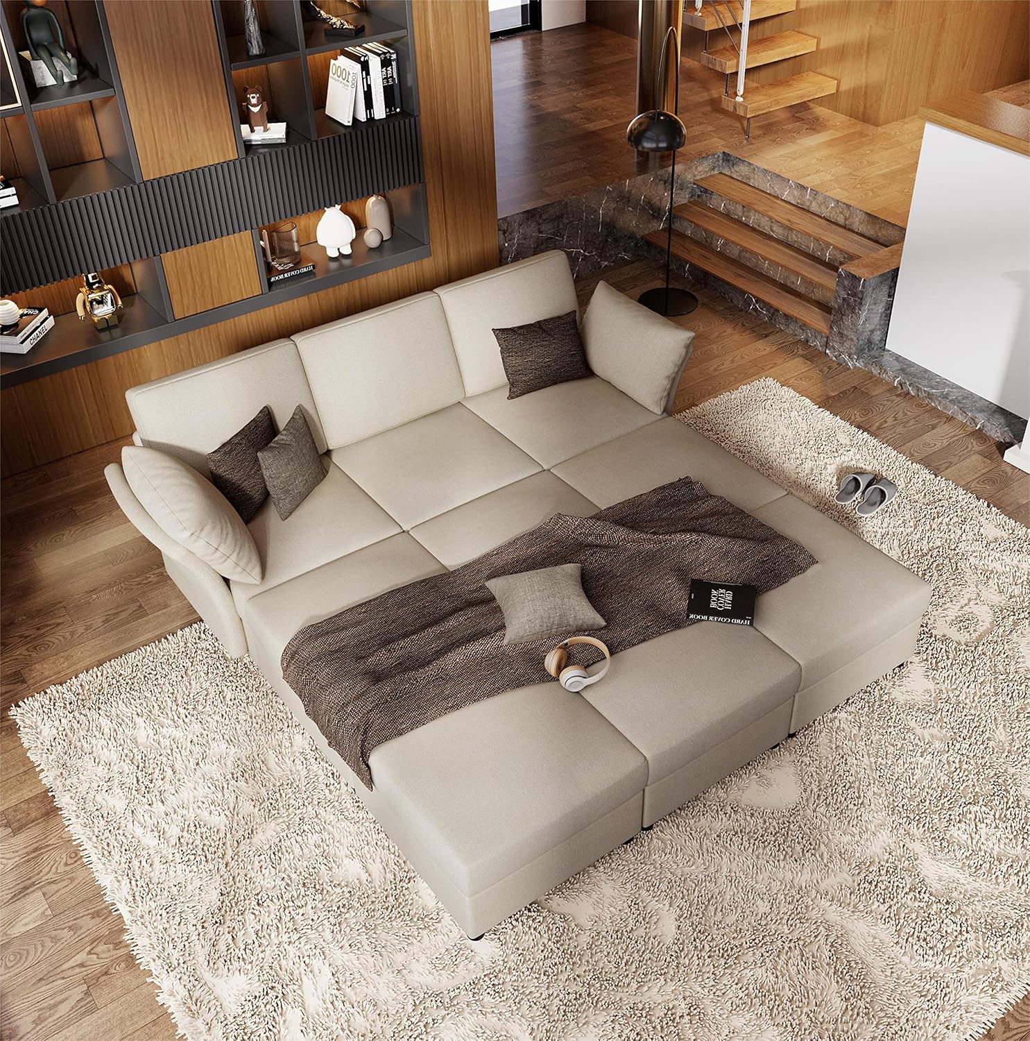 VanAcc Sofá modular de 9 asientos, sofá modular modular en forma de U con otomanas, sofá reversible para sala de estar, felpilla beige