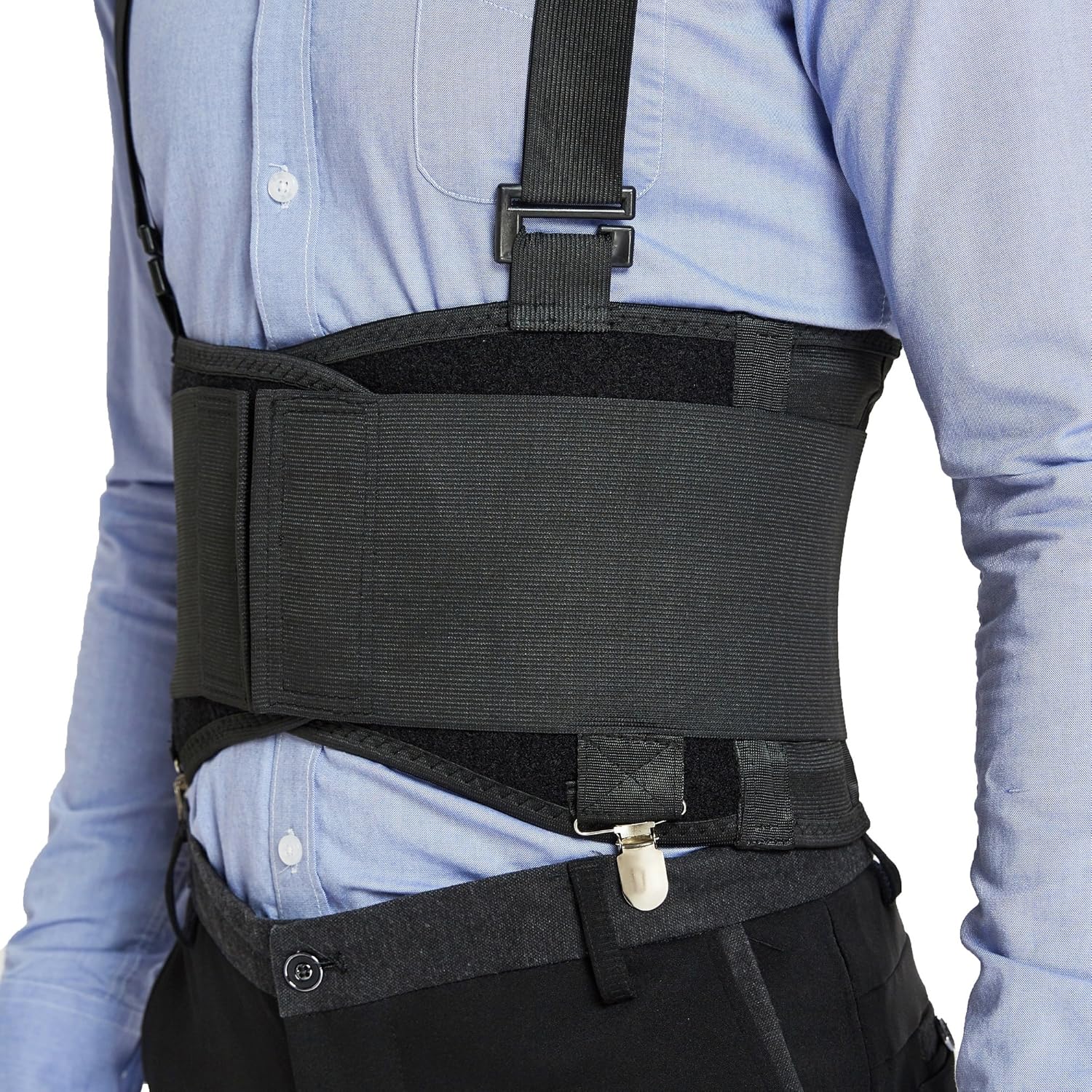 NeoTech Care Soporte lumbar con clips extraíbles para pantalones y tirantes desmontables, cinturón de apoyo para la espalda, ajustable, ligero,