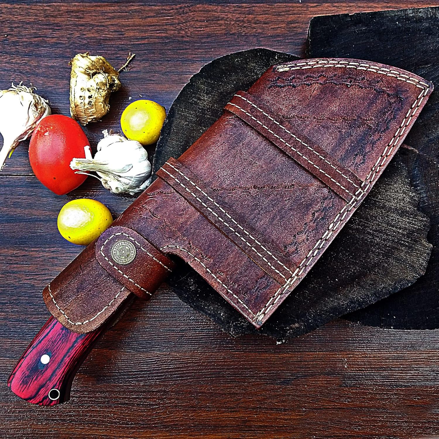 ColdLand – Cuchillo de carnicero de damasco, cuchillo de carnicero forjado a mano, cuchillo de cortar verduras con funda de cuero para cocina,