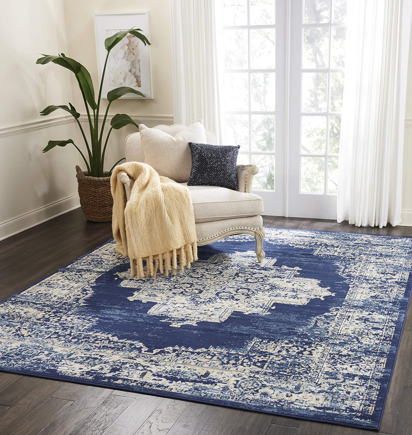 Nourison Grafix – Alfombra persa de 8 pies 6 pulgadas x 12 pies, azul marino, fácil de limpiar, no se desprenden hilos, para dormitorio, sala de