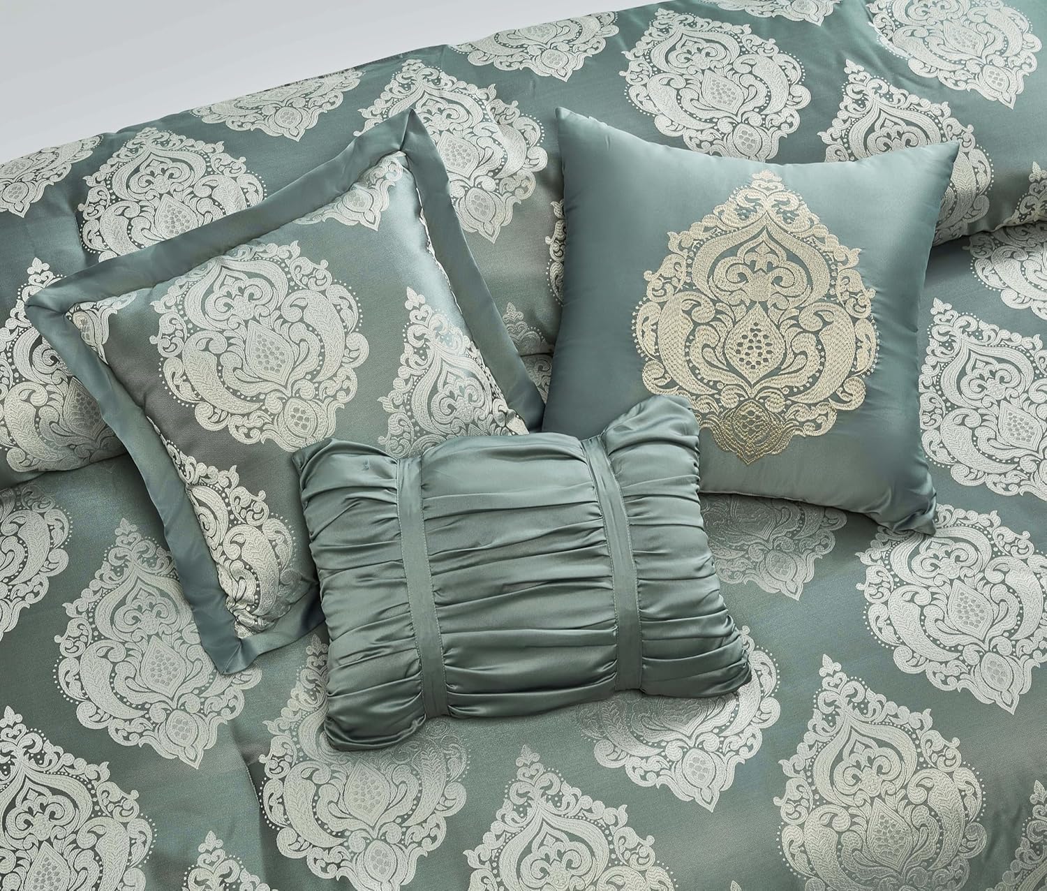 Trinity – Juego de edredón de lujo de 7 piezas, edredón tradicional de medallón jacquard gris y verde con cojines decorativos y fundas de almohada,
