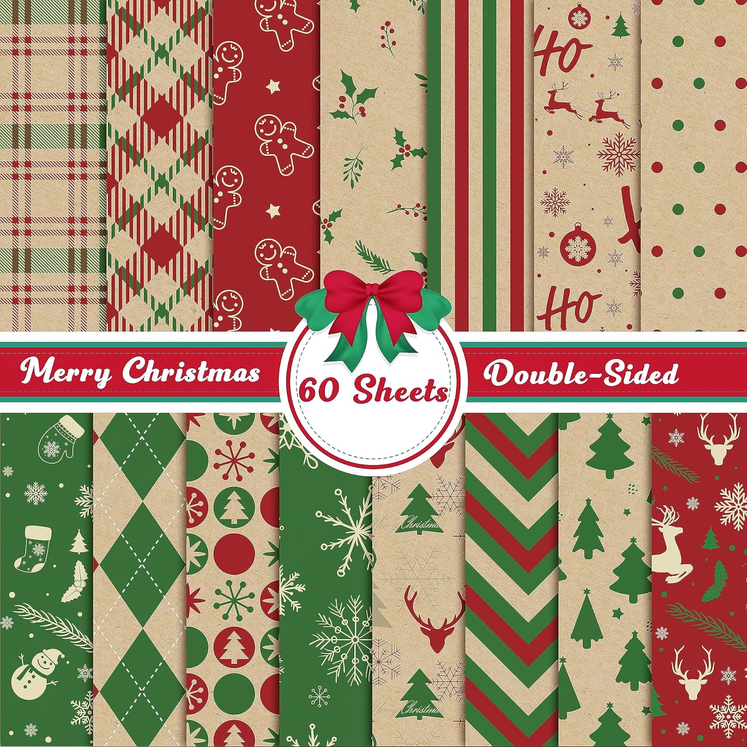 JAPBOR 60 hojas de papel de patrón de Navidad, papel de álbum de recortes de Feliz Navidad, papel de origami de Navidad de doble cara, papel de